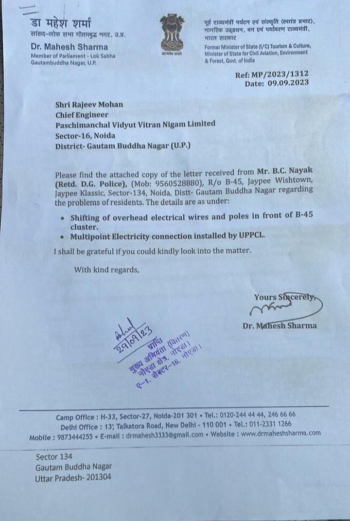 Mahesh Sharma Ji <a href="/dr_maheshsharma/">Dr. Mahesh Sharma</a> Residents of Klassic B45 Cluster of Jaypee Wishtown Sector 134, need your help in getting Multi Point Meter installed in our Cluster. <a href="/CeoNoida/">CEO, NOIDA Authority</a> <a href="/myogioffice/">Yogi Adityanath Office</a> <a href="/myogiadityanath/">Yogi Adityanath</a> <a href="/noida_authority/">NOIDA Authority</a> <a href="/PVVNLHQ/">Pashchimanchal Vidyut Vitran Nigam Ltd</a> <a href="/CMOfficeUP/">CM Office, GoUP</a> <a href="/tejpalnagarMLA/">Tejpal Nagar</a> <a href="/AKSharmaOffice/">AK Sharma Office</a>