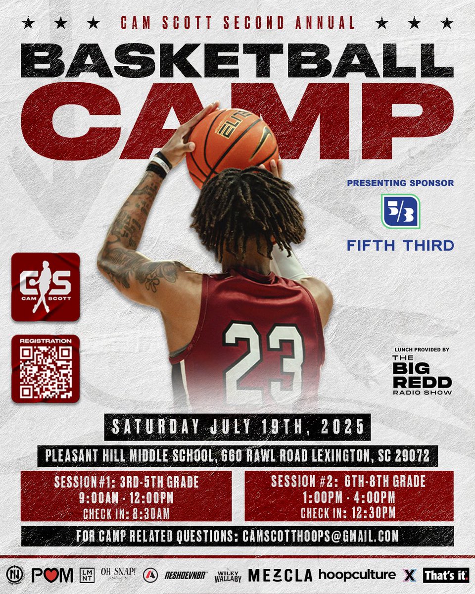 Cam Scott (@thecamscott23) on Twitter photo Welcome to another year of the Cam Scott Hoop Camp by <a href="/FifthThird/">Fifth Third Bank</a>
Registration is now open
✨LINK IN BIO✨
Session 1: 3rd-5th grade 9am- 12pm
Session 2: 6th-8th grade 1pm-4pm
Checkin 30 min prior to your session
Camp Related questions email @camscotthoops@gmail.com Welcome to another year of the Cam Scott Hoop Camp by <a href="/FifthThird/">Fifth Third Bank</a>
Registration is now open
✨LINK IN BIO✨
Session 1: 3rd-5th grade 9am- 12pm
Session 2: 6th-8th grade 1pm-4pm
Checkin 30 min prior to your session
Camp Related questions email @camscotthoops@gmail.com
