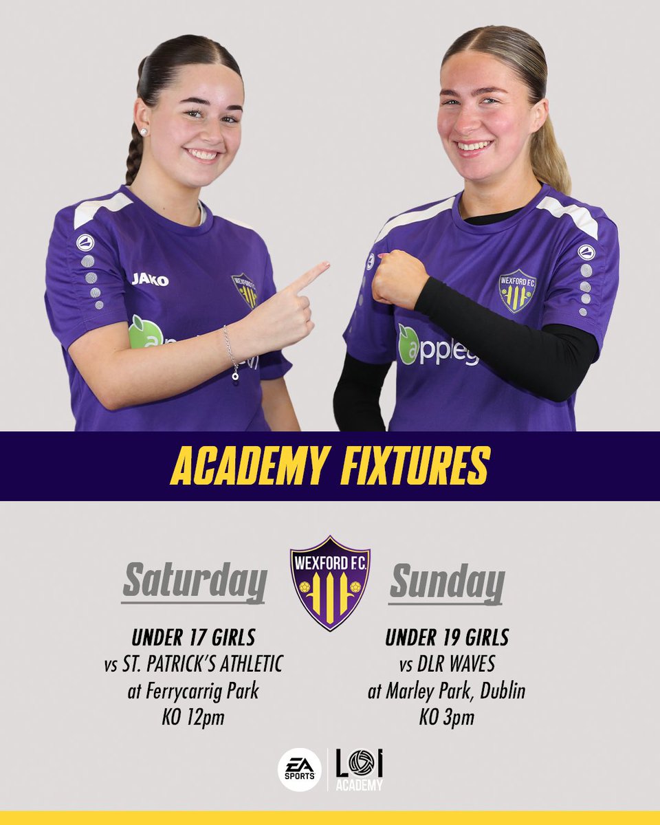 𝐀𝐂𝐀𝐃𝐄𝐌𝐘 𝐅𝐈𝐗𝐓𝐔𝐑𝐄𝐒

Back in action!

Our U17 and U19 Girls return to EA SPORTS LOI Academy action this weekend.

On Saturday our U17s welcome St. Patrick’s Athletic to Ferrycarrig and on Sunday our U19s travel to Dublin to play DLR Waves.

Best of luck girls! ⚽️