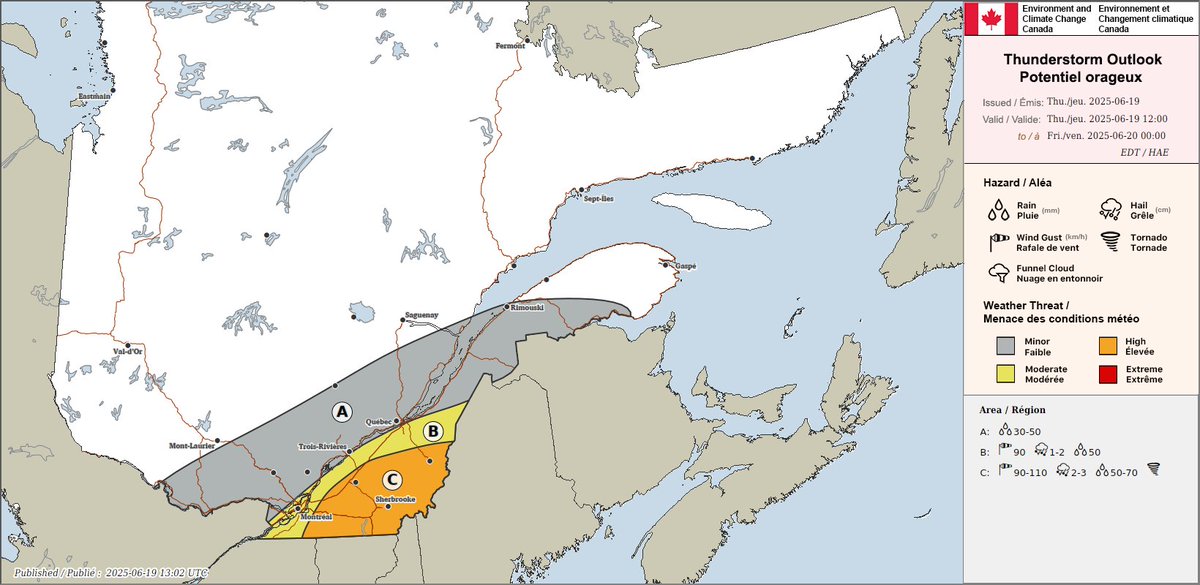 Thunderstorm outlook for Quebec valid today, June 19.

Any report of damage can be sent to Environment and Climate Change Canada using #QCstorm or by emailing QCstorm@ec.gc.ca.