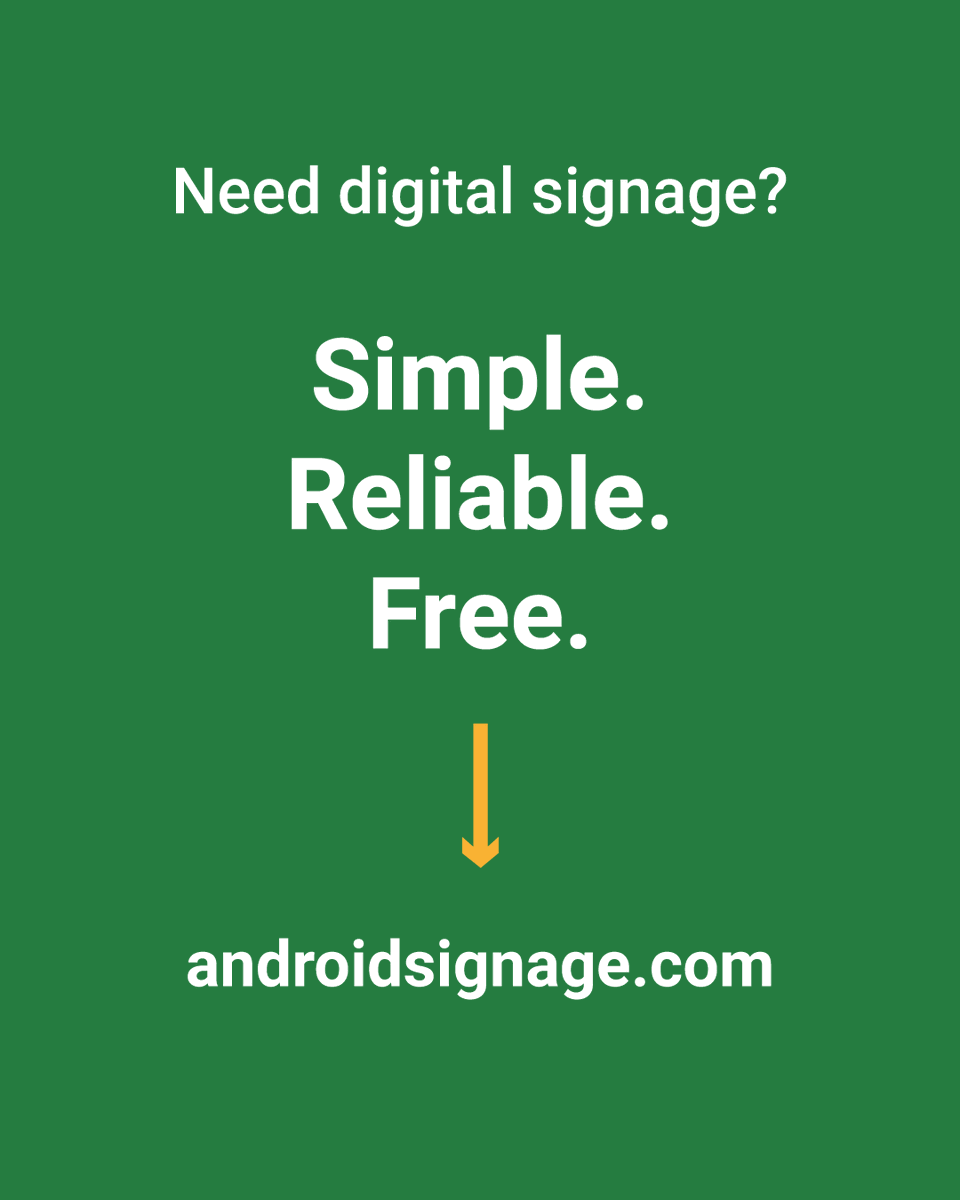 AndroidSignage's tweet image. Simple. Reliable. Free.
Digital Signage Software for Android Devices.
Sign up today @ AndroidSignage.com