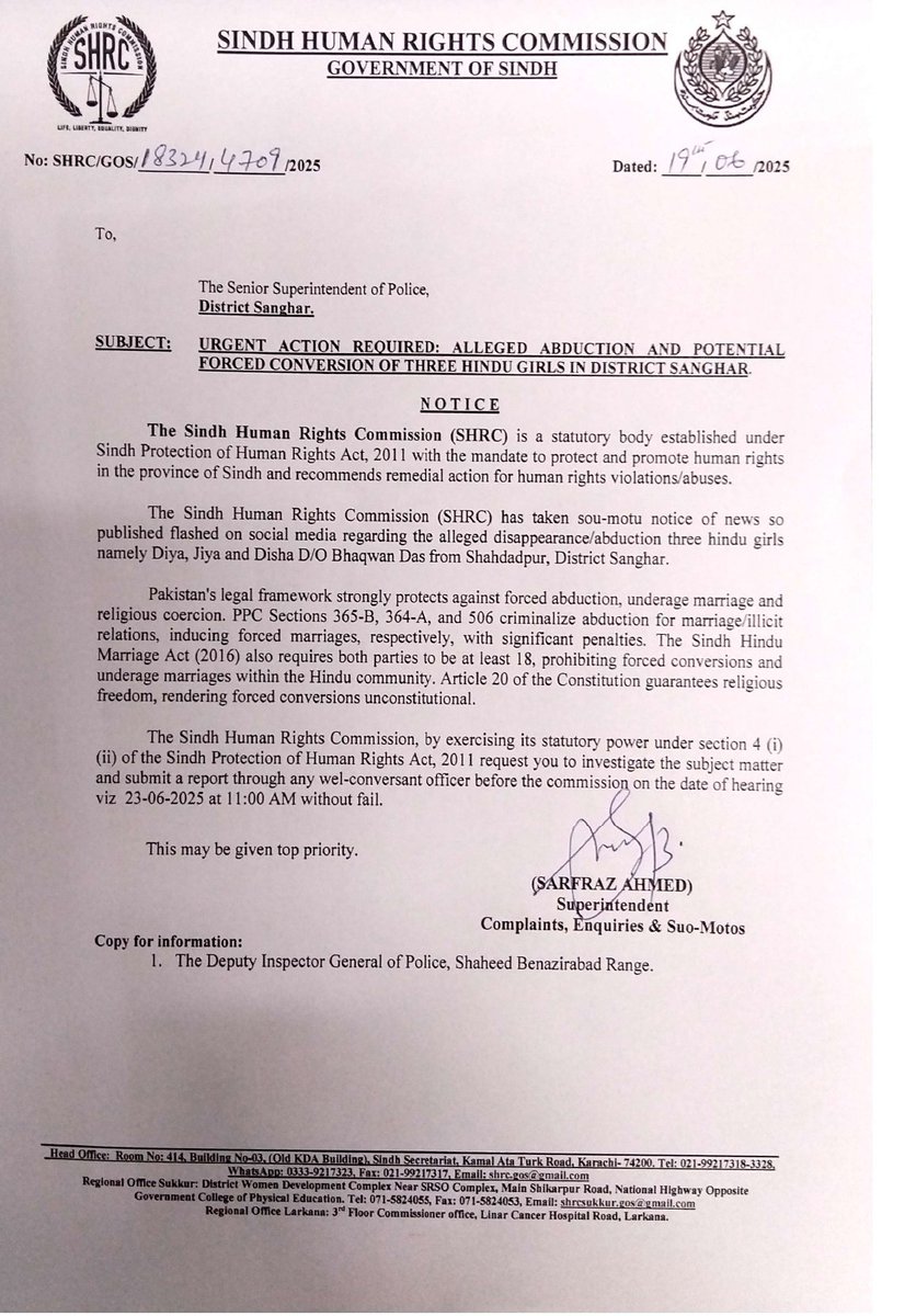 Sindh Human Rights Commission (SHRC) (@shrc_official) on Twitter photo The <a href="/SHRC_official/">Sindh Human Rights Commission (SHRC)</a> has taken suo-motu notice of the alleged abduction & forced conversion of 3 Hindu girls from Shahdadpur. A formal notice has been issued to SSP Sanghar. Forced conversions are illegal—this case must be prioritized.
#JusticeForHinduGirls #MinorityRights #SHRC The <a href="/SHRC_official/">Sindh Human Rights Commission (SHRC)</a> has taken suo-motu notice of the alleged abduction & forced conversion of 3 Hindu girls from Shahdadpur. A formal notice has been issued to SSP Sanghar. Forced conversions are illegal—this case must be prioritized.
#JusticeForHinduGirls #MinorityRights #SHRC