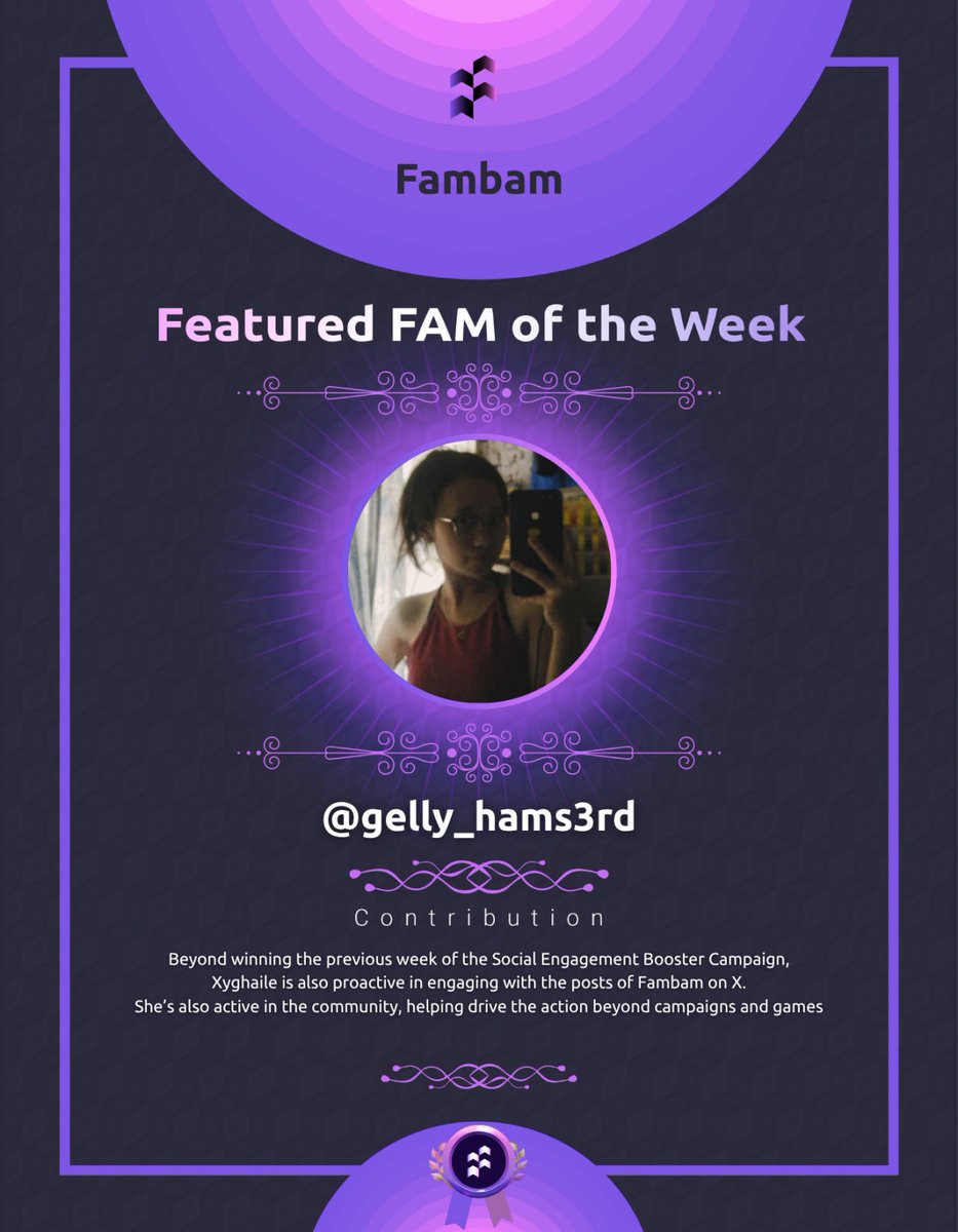 Fambam (@fambam_com) on Twitter photo ✨FAM MVP of the Week ✨
🔦 This week, we are giving the spotlight to the champion of last week's Social Engagement Booster Campaign, <a href="/gelly_hams3rd/">gellyhams3rd</a>!
🎀 She has been one of the most proactive members in keeping the friendly culture alive in the community!
#LFGFam! ✨FAM MVP of the Week ✨
🔦 This week, we are giving the spotlight to the champion of last week's Social Engagement Booster Campaign, <a href="/gelly_hams3rd/">gellyhams3rd</a>!
🎀 She has been one of the most proactive members in keeping the friendly culture alive in the community!
#LFGFam!