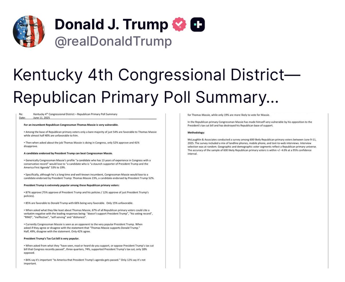 DanScavino's tweet image. From President Trump: “Kentucky 4th Congressional District—Republican Primary Poll Summary” via McLaughlin & Associates…