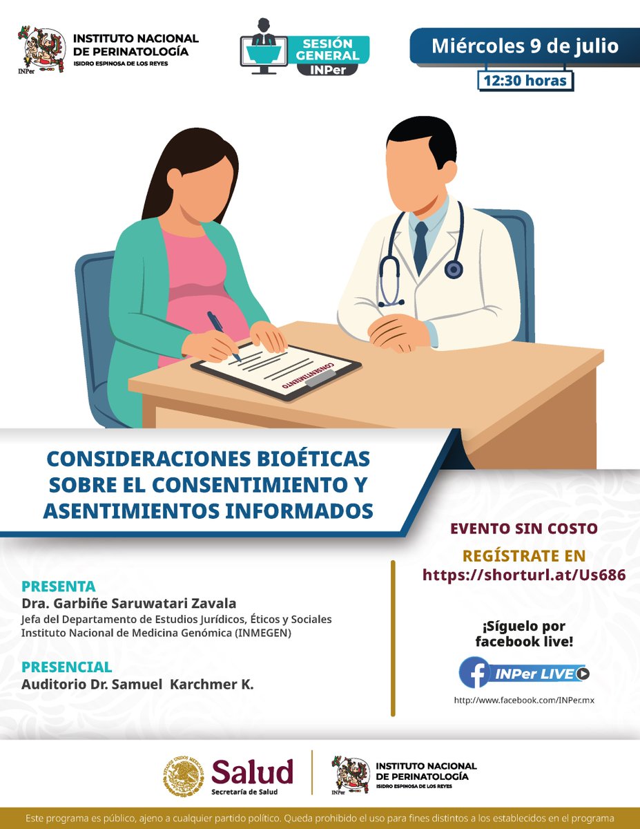 INPer_mx's tweet photo. #SesiónGeneral #INPer
CONSIDERACIONES BIOÉTICAS SOBRE EL #CONSENTIMIENTO Y #ASENTIMIENTOS INFORMADOS
Miércoles 9 de julio • 12:30 h.
PRESENTA
Dra. Garbiñe Saruwatari Zavala
Jefa de Estudios Jurídicos, Éticos y Sociales Instituto Nacional de Medicina Genómica (@INMEGEN)
🧵 https://t.co/UHq5ve0EAU