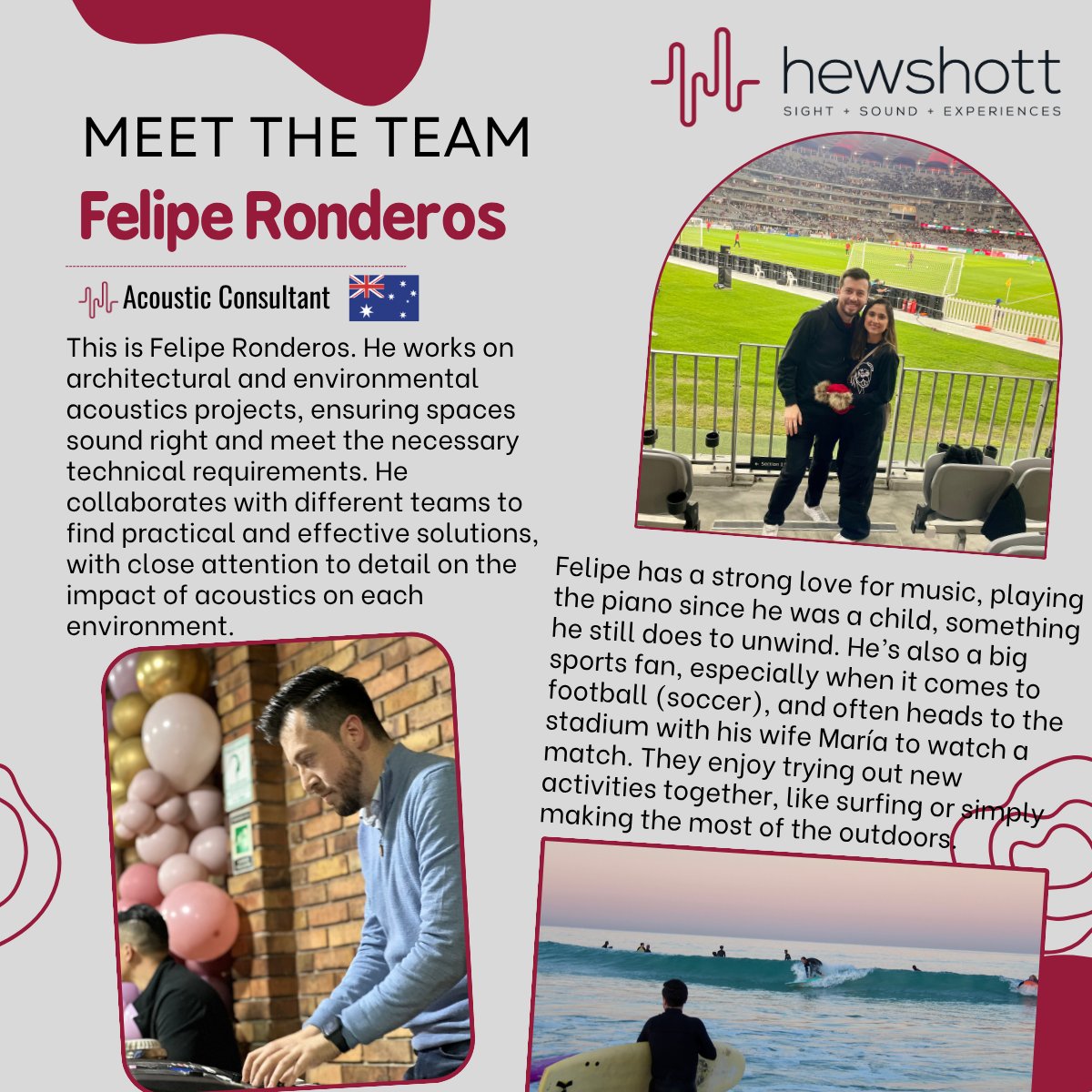 This is Felipe, he works in our Perth office as an Acoustic Consultant 👋

#Hewshott #MeetTheTeam #BelieveInBetter