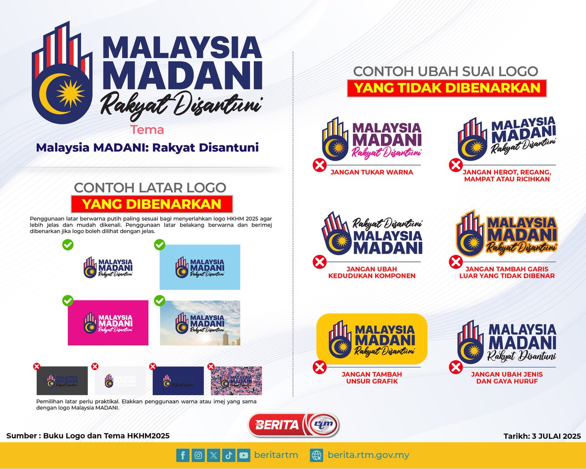 JaPenWPKL's tweet photo. Contoh Latar Logo Yang Dibenarkan &amp; Contoh Ubah Suai Logo Yang Tidak Dibenarkan
'Malaysia MADANI, Rakyat Disantuni'

Sumber : Berita RTM 

#MalaysiaMadani 
#TaatSetia 
#KomunikasiKita 
#CMSWPKL 
#KLCeria https://t.co/AqGpa4TFdj
