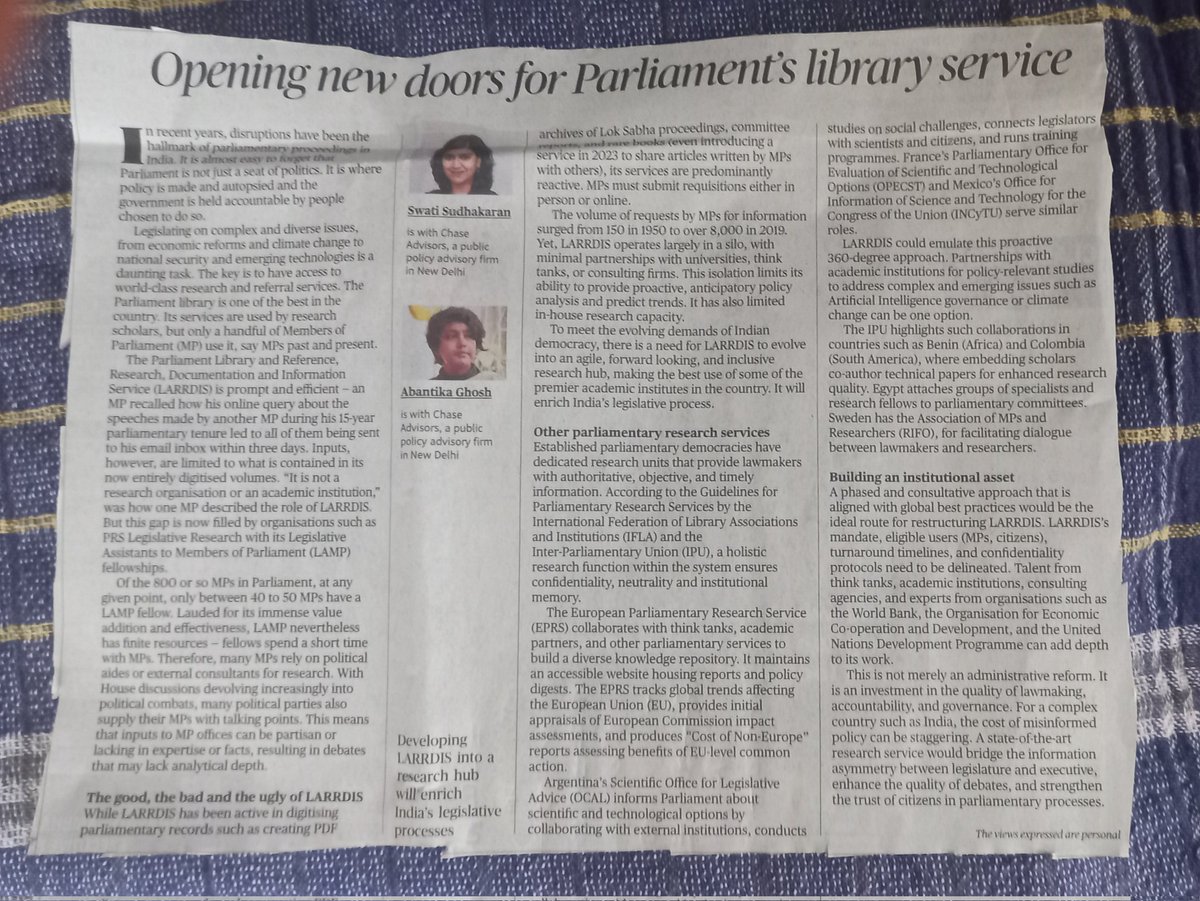 In tge name of Research and Information sharing it will be highly inappropriate to let "think tanks" influence policy in the aindian Parliament. We have already seen the steady decline of journalism as well as academic institutions which are under the ideological influence of