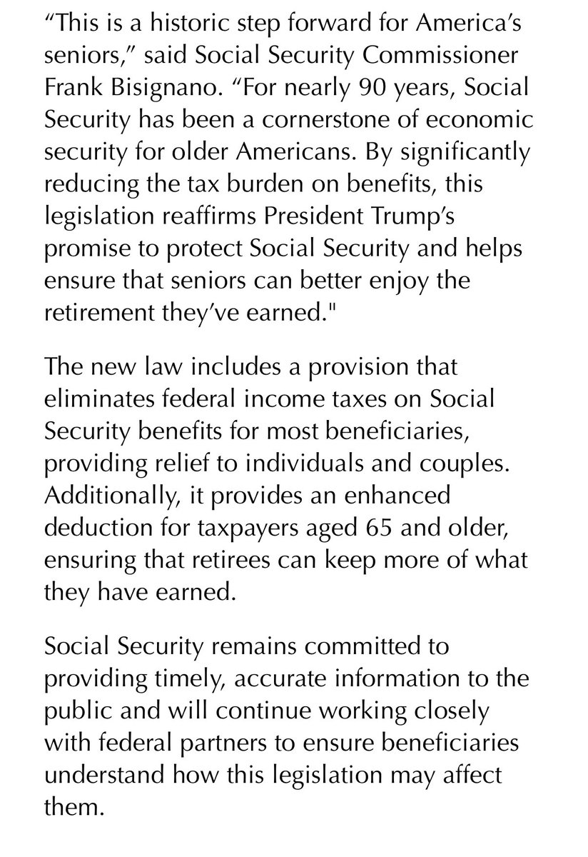 Huh?!!! Got this from the SSA. 🤔 “Social Security Applauds Passage of Legislation Providing Historic Tax Relief for Seniors” #SocialSecurity #BigBeautifulBill #SSAcommissioner