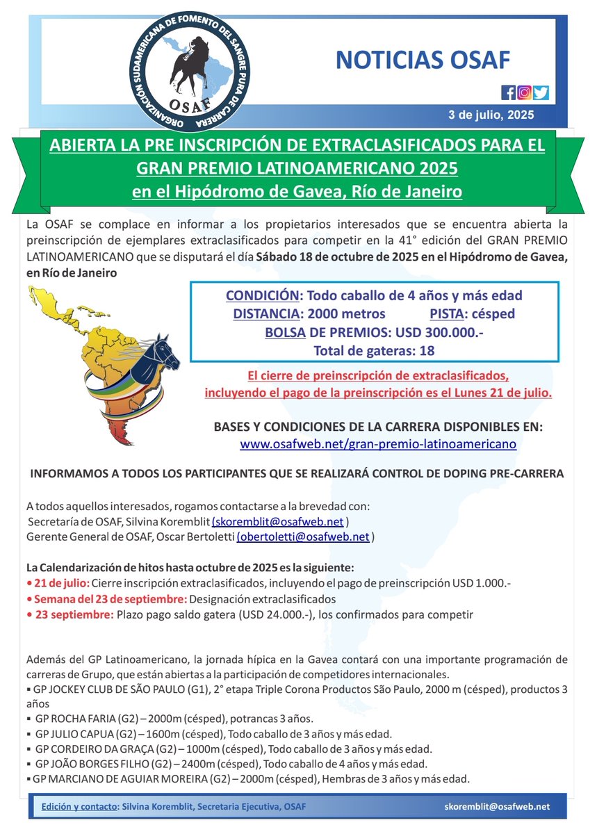 Hipismo.Net (@hipismoypunto) on Twitter photo #NoticiasOSAF ABIERTA LA PREINSCRIPCIÓN EXTRACLASIFICADOS LATINO 2025
<a href="/osafweboficial/">OSAF</a> <a href="/GlobalMediaTurf/">Global Media Turf</a> <a href="/TeleHipismo/">TeleHipismo</a> <a href="/ALCHI2008/">ALCHI</a> #NoticiasOSAF ABIERTA LA PREINSCRIPCIÓN EXTRACLASIFICADOS LATINO 2025
<a href="/osafweboficial/">OSAF</a> <a href="/GlobalMediaTurf/">Global Media Turf</a> <a href="/TeleHipismo/">TeleHipismo</a> <a href="/ALCHI2008/">ALCHI</a>