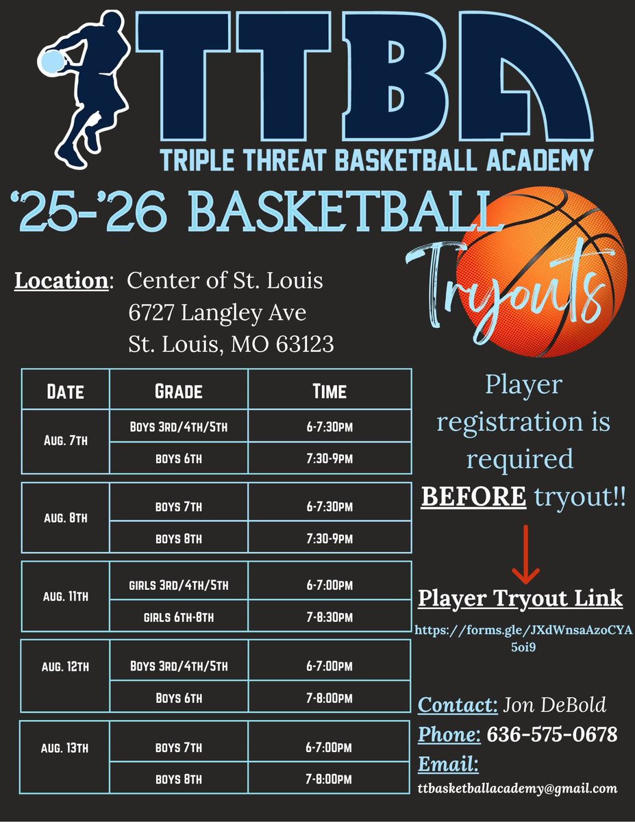 ‼ Triple Threat Basketball Academy's Annual Workout ‼
🔗Registration link: forms.gle/JXdWnsaAzoCYA5…
📣IMPORTANT INFO: ALL interested players 3rd-8th grades MUST attend an August workout/tryout in order to be placed on a team for the upcoming '25-'26 year.