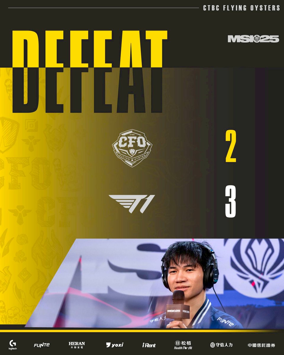 Unfortunate loss, CFO fought hard and long but in the end, we were not able to close it out. A lot to learn as we get ready to make our miracle run through the lower bracket. GGWP T1, Flying Oysters will come back stronger! #MSI2025