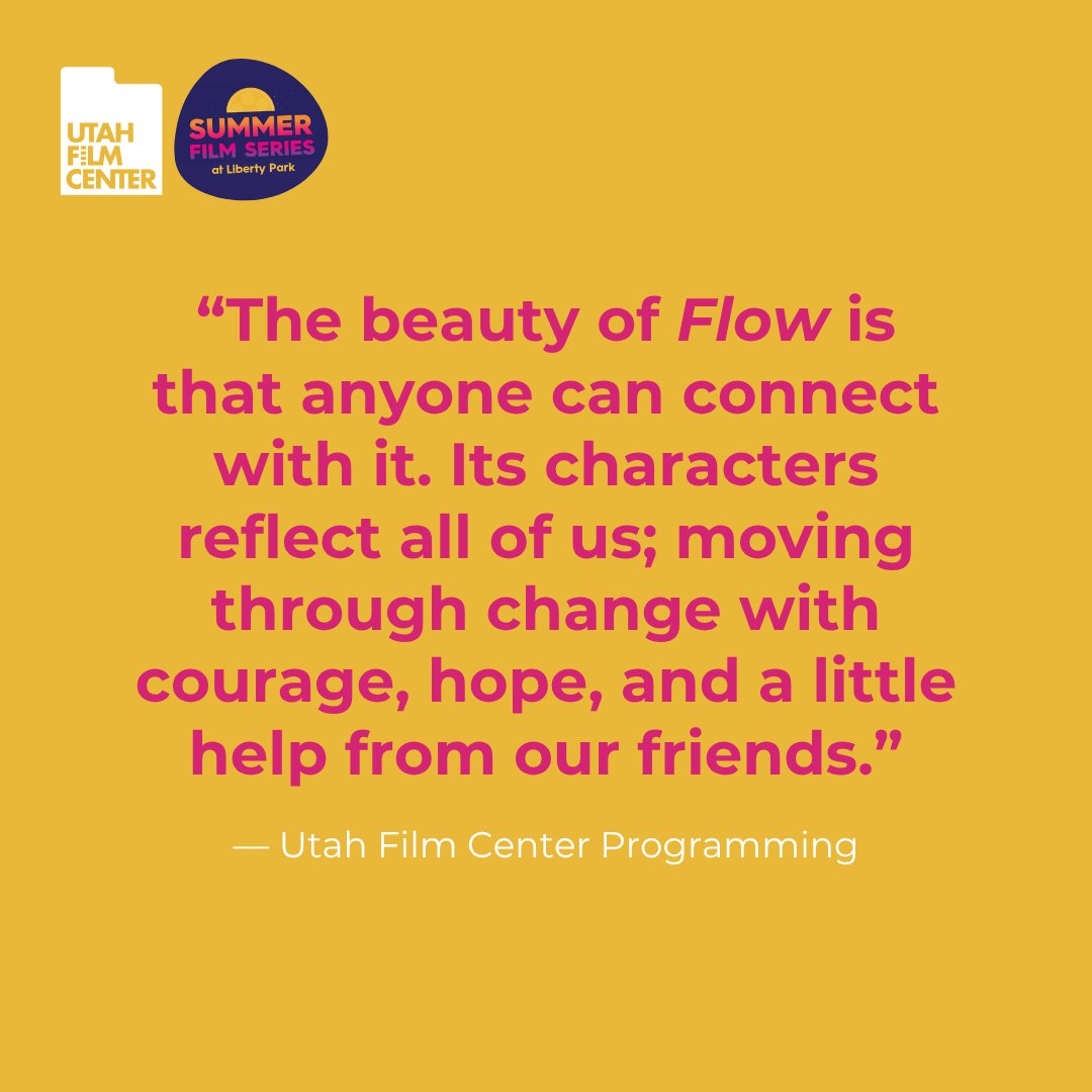 UtahFilmCenter's tweet image. This Friday: Join us for a free outdoor screening of FLOW! Told entirely without dialogue, this uplifting tale of friendship, courage, and community speaks to all ages.

🎭 Arrive early to make your own animal mask!
📍Liberty Park @ 8PM
🔗 utahfilmcenter.org/outdoor
#SOFS2025