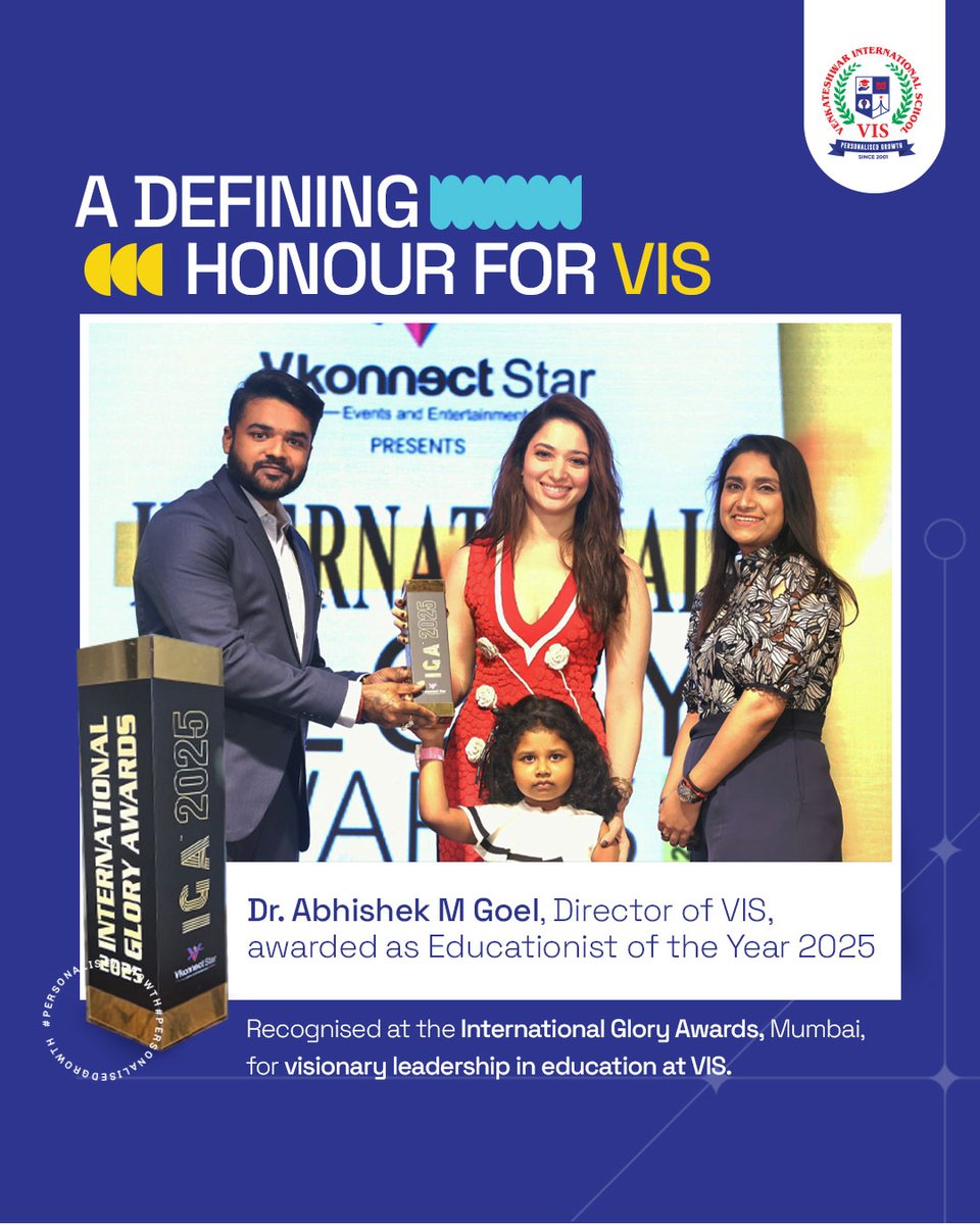 A proud moment for VIS!
Dr. Abhishek M Goel, Director of VIS, has been honoured as Educationist of the Year 2025 at the International Glory Awards, Mumbai — a well-deserved recognition of his visionary leadership and dedication to empowering learners.

#VISPride