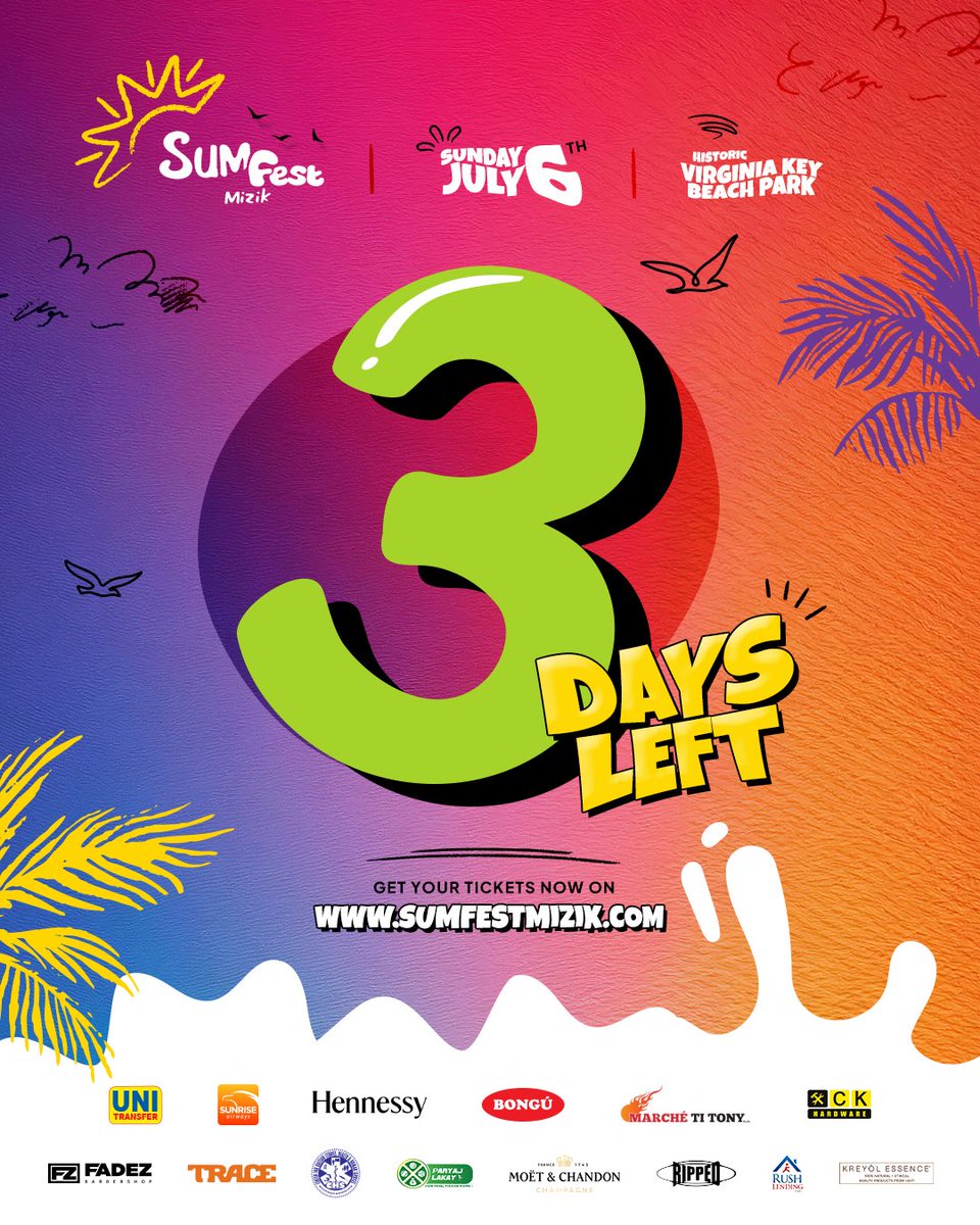 3 DAYS LEFT! ⏳

We’re almost there… the heat, the music, the energy! 🔥🌴
Miami, are you READY for the ultimate Caribbean music festival?

🎟️ Pa tann! Achte tikè w sou tickets.sumfestmizik.com/checkout/67cc5…