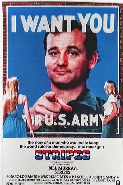 Watching “Stripes” with family in town for Independence Day Weekend. Wild to consider what Ivan Reitman’s now iconic comedy meant to America after all the stormy post-Vietnam War fallout dramas. In that context, the movie poster looks even bolder.