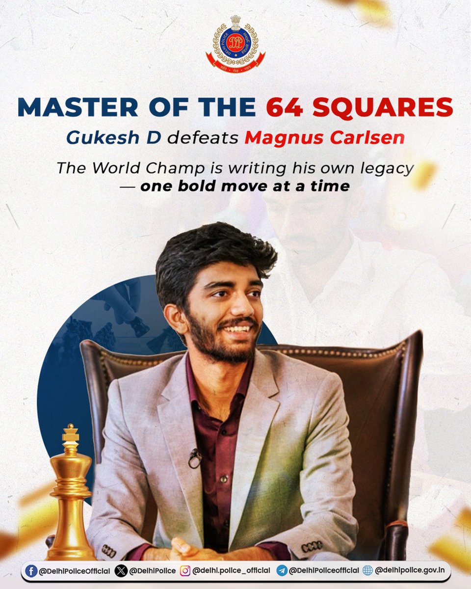 🇮🇳 “Carlsen checkmated. Nation celebrated.” 

#Gukesh D continues to rewrite Indian chess history — this time, by defeating the world’s best.
Delhi Police salutes the spirit of determination and brilliance.

#ChessChampion