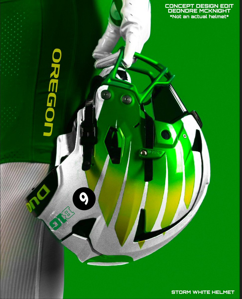 Never Finished. 

Oregon Ducks Storm White Helmet, Apple Green &amp; White Uniform Combo Concept!!!!

*Not an actual uniform or helmet* #GoDucks #Nike