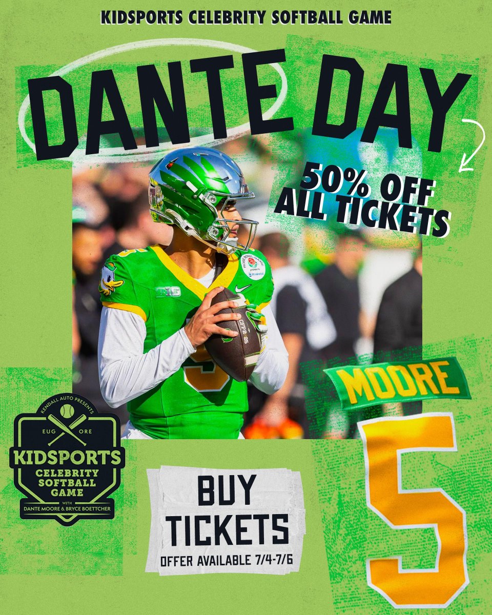 🎆 IndepenDANTE DAY = 50% OFF 🎇

Celebrate 50 🇺🇸 &amp; #5 with HALF-OFF tickets to the Kidsports Celebrity Softball Game — now through July 6!

Catch Dante + a star-studded lineup playing for scholarships &amp; youth sports. 🎟️

July 12 @ The Jane
#AllKidsPlay #GoDucks #OregonFootball