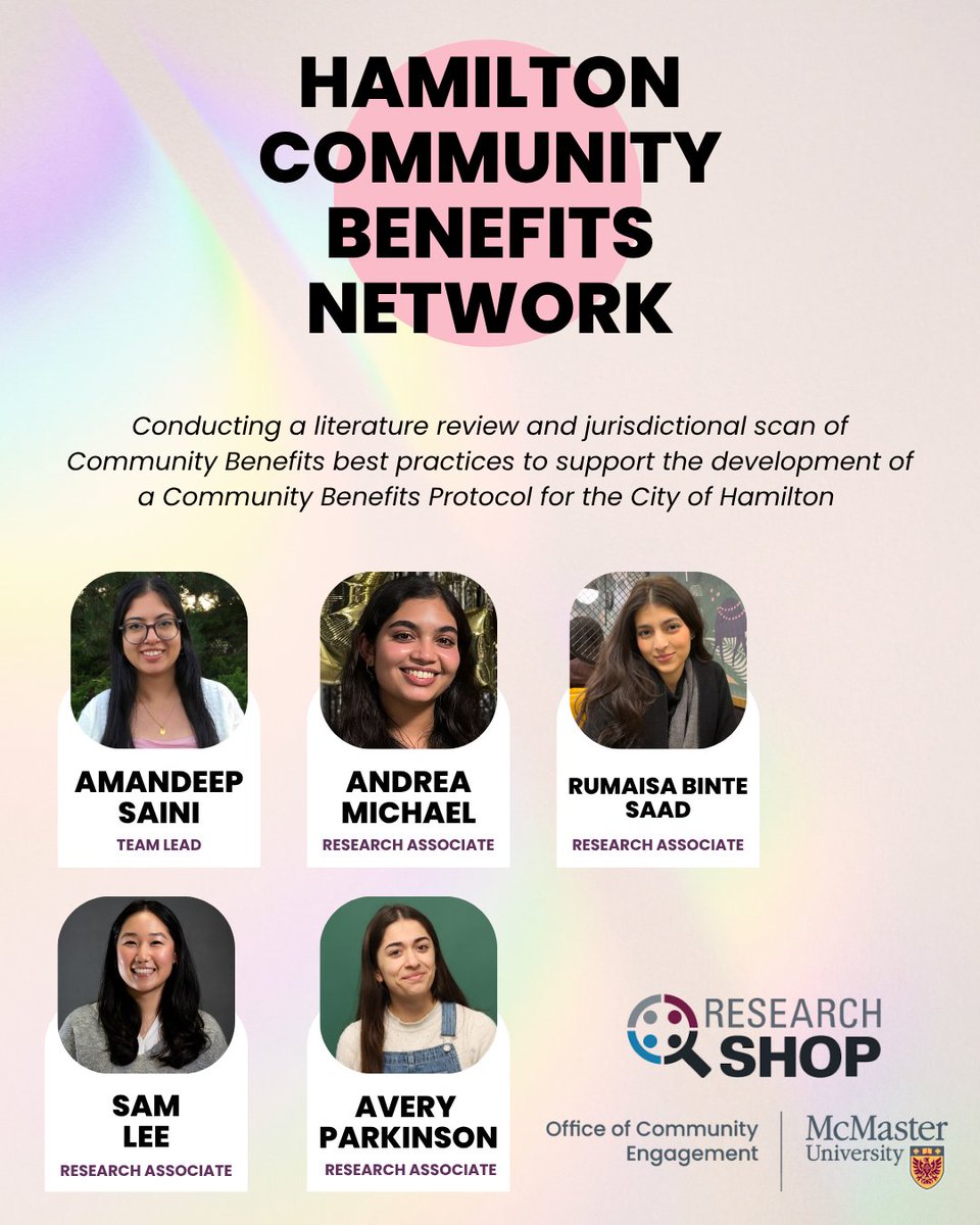McMasterOCE's tweet image. 👀Check out what #ResearchShop is working on this summer!
👥This team is working with @HamOntCBN to conduct a literature review and jurisdictional scan of Community Benefits best practices to support the development of a Community Benefits Protocol for the @cityofhamilton.