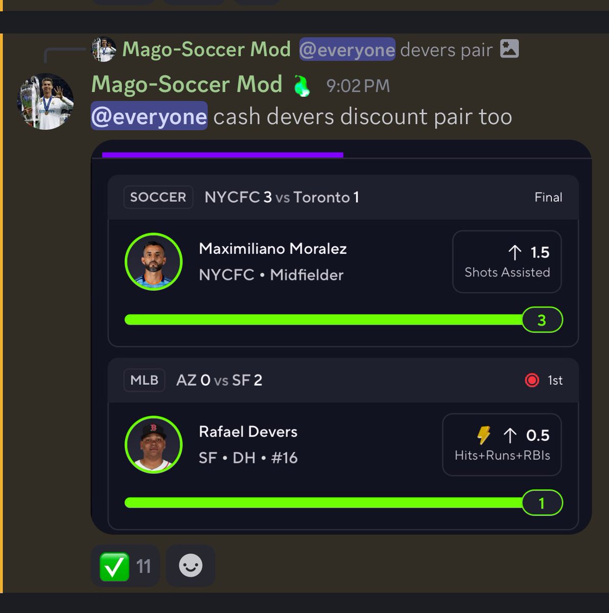 POTD 🆓 🧀!
Pairs to POTD posted <a href="/SrirachaDfs/">Sriracha 🚀</a> cash out counter! Link below 👇 🔗 

dubclub.win/checkout/23878…

🚨 🧹 🧹 MLB discount pairs🚨
Joey chestnut free square posted already! Link above!👆 

🚨10 retweets for next POTD🚨
Retweet, like, share and follow!

#soccer