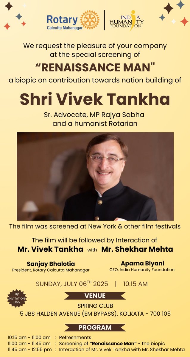 Vivek Tankha (@vtankha) on Twitter photo Pleasure to be invited as CG by тБж<a href="/Rotary/">Rotary International</a>тБй Club Calcutta Mahanagar at its installation ceremony of new office bearers on July 5. Honoured that a doc on my journey The тАЬRenaissance ManтАЭ being screened in Kolkata on July 6 by Rotary & IHF. тБж<a href="/Shekhar_Rotary/">Shekhar Mehta</a>тБй Pleasure to be invited as CG by тБж<a href="/Rotary/">Rotary International</a>тБй Club Calcutta Mahanagar at its installation ceremony of new office bearers on July 5. Honoured that a doc on my journey The тАЬRenaissance ManтАЭ being screened in Kolkata on July 6 by Rotary & IHF. тБж<a href="/Shekhar_Rotary/">Shekhar Mehta</a>тБй
