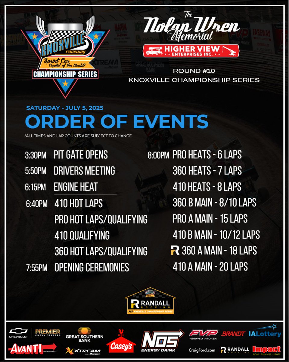 knoxvilleraces's tweet photo. Tonight's Order of Events!
#HigherView
#RandallRoofing360
#KnoxvilleChampionshipSeries https://t.co/uQEeyWazjE