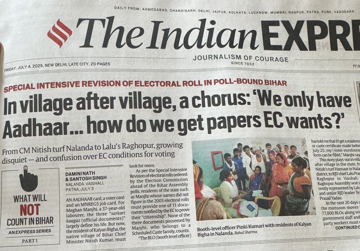 The Election Commission’s refusal to accept Aadhaar as valid ID for voter list inclusion is baffling. 

If Aadhaar is good enough for passports, bank accounts &amp; subsidies, why not voting? Selective trust in documents raises serious questions. #BiharElections