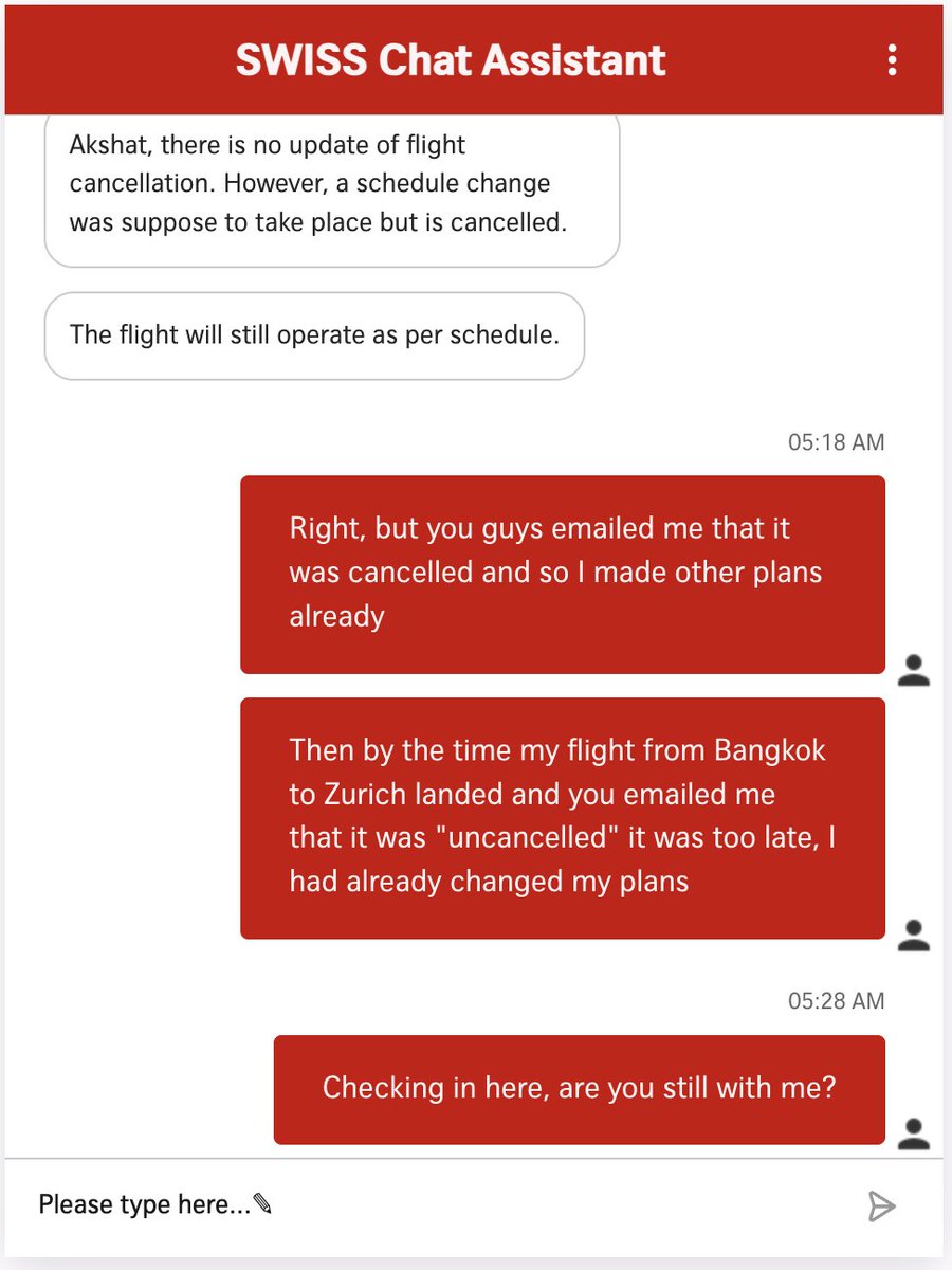 akshat_hk's tweet image. Global business travelers: steer clear of @FlySWISS if your time matters. Two cancelled business class flights and their chat support takes 10+ mins per reply, just to claim there's nothing they can do.