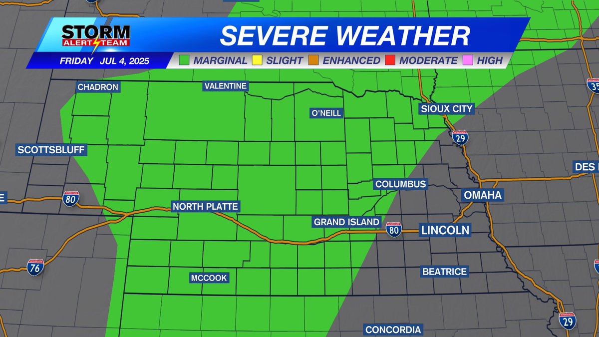 UPDATE: 4th of July Severe Weather Potential

Marginal Risk has expanded and now includes a big portion of the state. 

Storms start in western Neb in the afternoon and spread into central Neb around sunset. Storms will then weaken as they move into eastern Neb overnight.