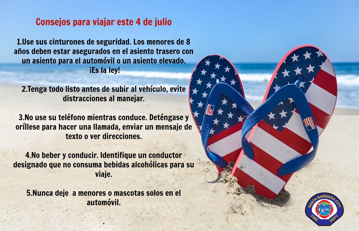 ¿Vas a salir de viaje este fin de semana del 4 de julio? 🎆🚗  SBFD quiere recordarte que ¡priorices la seguridad! Ponte el cinturón, evita distracciones y ten a mano un kit de emergencia para el coche. ¡Crea recuerdos inolvidables manteniendo a tus seres queridos a salvo! 💙