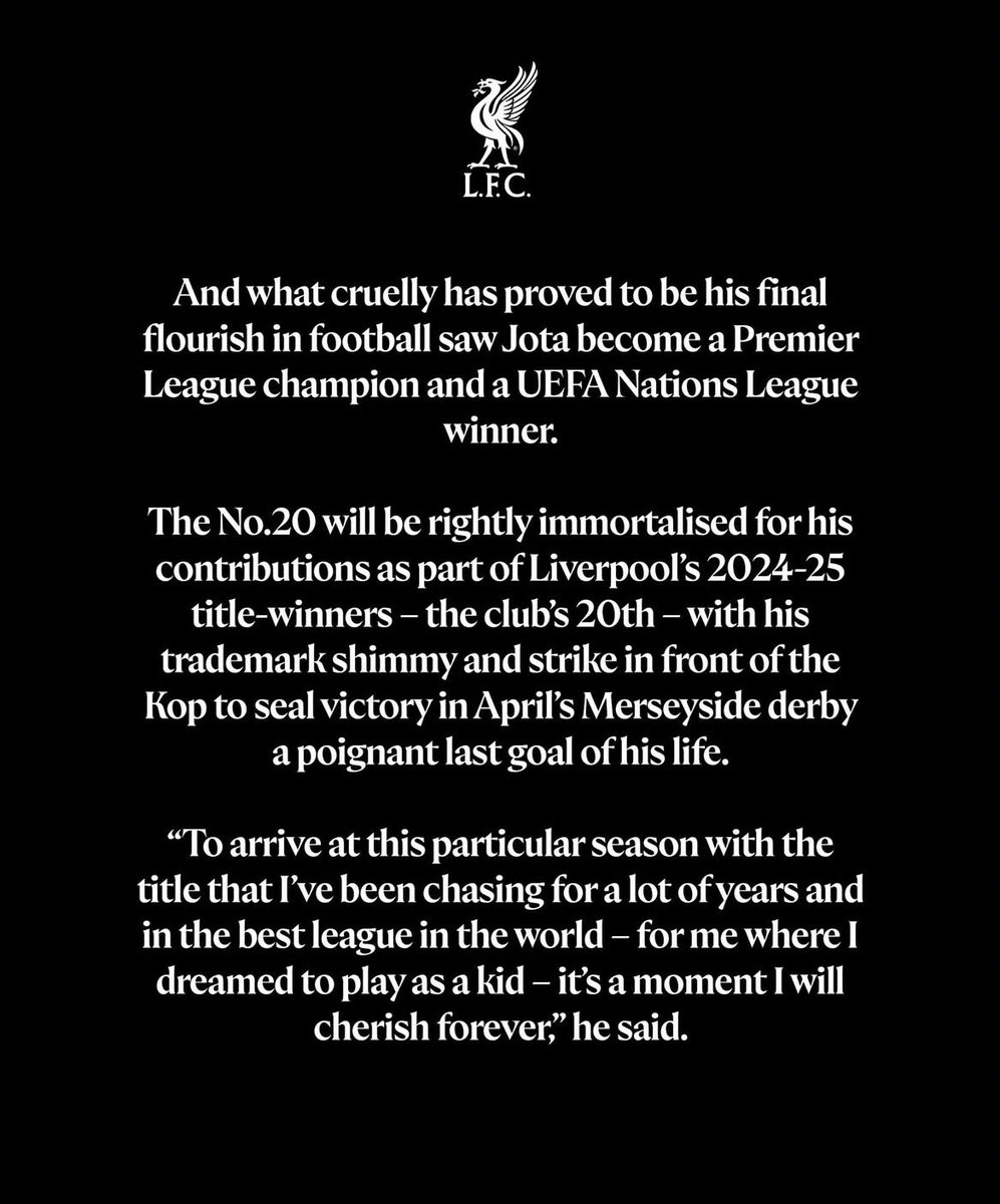 🚨 OFFICIAL: Liverpool have retired Diogo Jota’s number 20 shirt. 🥀

An unexpected end to a chapter...
