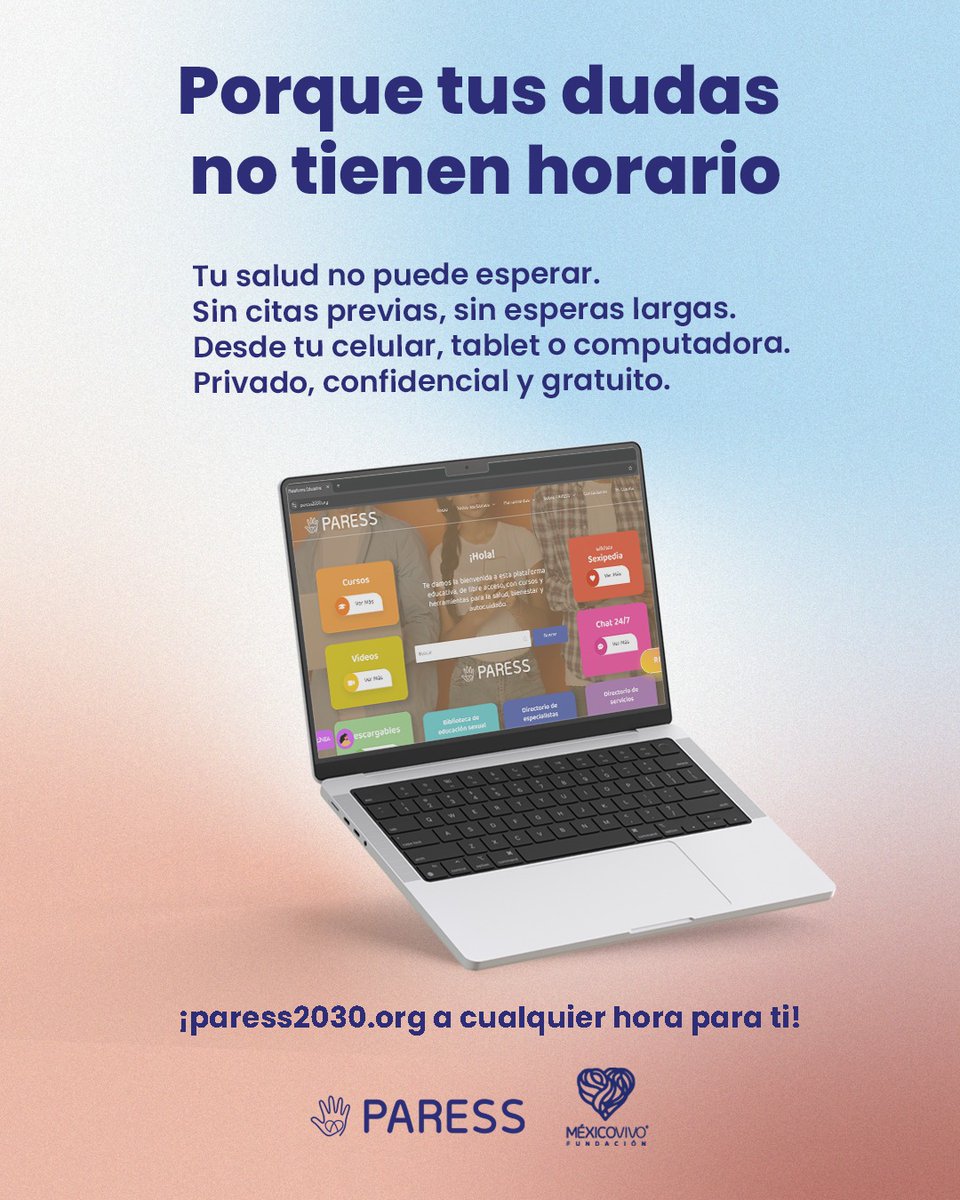 fundmexicovivo's tweet image. Tu salud no tiene horario, tus preguntas tampoco 🕐
👉Descubre todo lo que te ofrece paress2030.org conoce su chat 24/7 paress2030.org/chat247/
Pregunta al ChatBot o a nuestrxs profesionales de #SaludSexual.
#Chat24horas