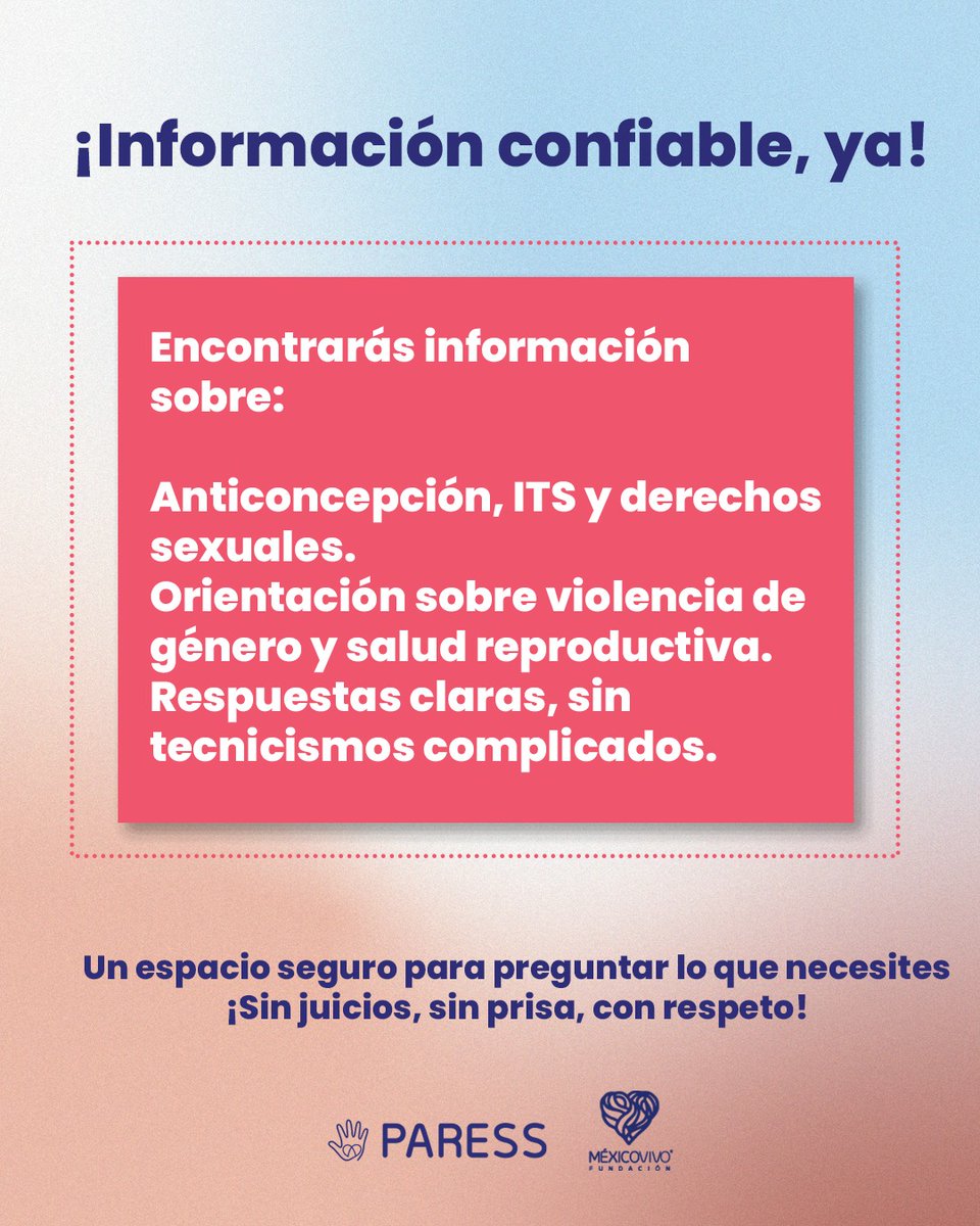 fundmexicovivo's tweet image. Tu salud no tiene horario, tus preguntas tampoco 🕐
👉Descubre todo lo que te ofrece paress2030.org conoce su chat 24/7 paress2030.org/chat247/
Pregunta al ChatBot o a nuestrxs profesionales de #SaludSexual.
#Chat24horas
