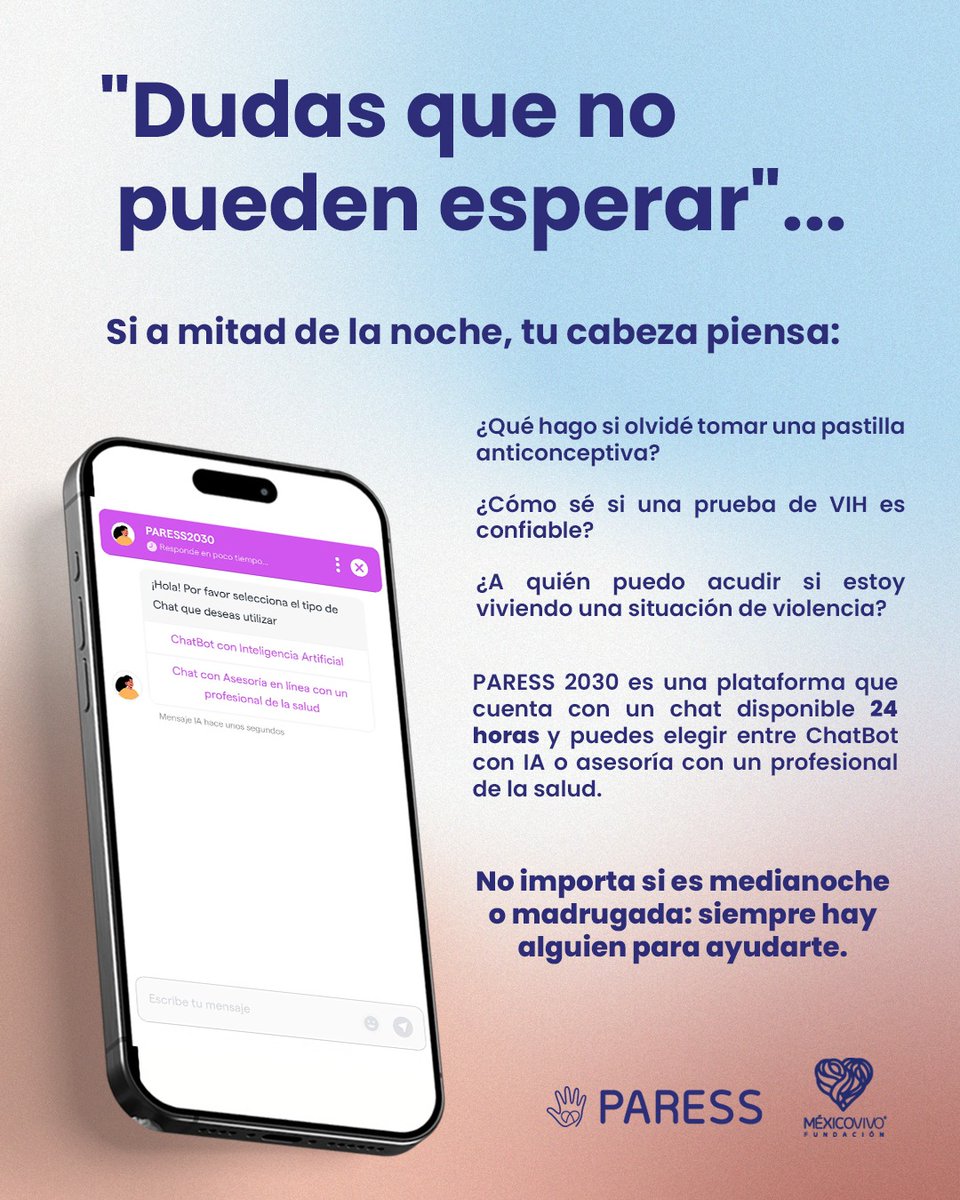 fundmexicovivo's tweet image. Tu salud no tiene horario, tus preguntas tampoco 🕐
👉Descubre todo lo que te ofrece paress2030.org conoce su chat 24/7 paress2030.org/chat247/
Pregunta al ChatBot o a nuestrxs profesionales de #SaludSexual.
#Chat24horas