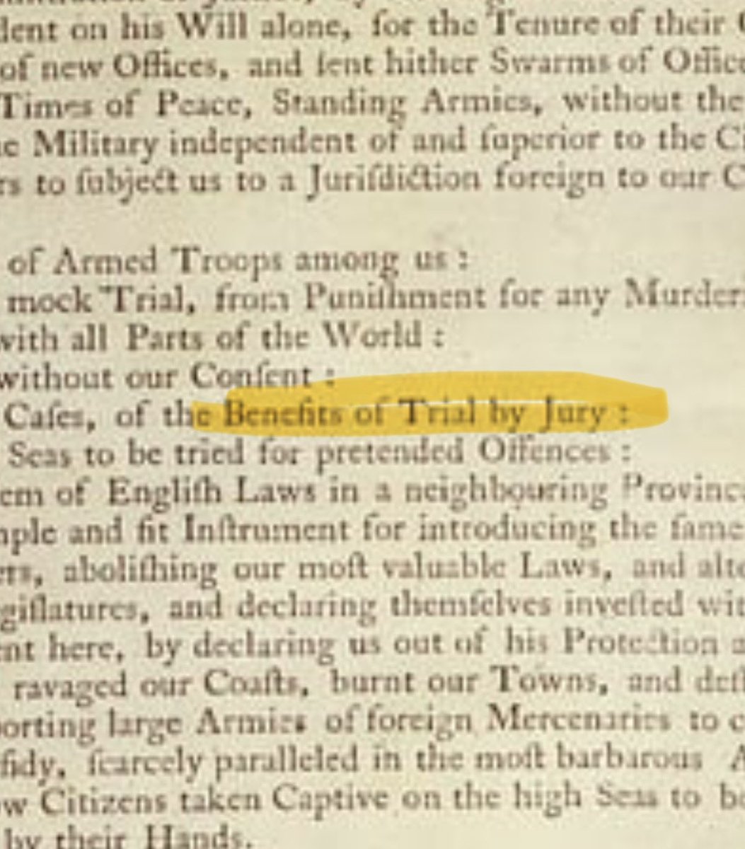 ThatJurorLawyer's tweet image. As we head into Fourth of July weekend, a casual reminder that the founding fathers specifically mentioned jury trials in the Declaration of Independence because they saw them as a safeguard against abuses of power by the government. Some here seem to have lost sight of that…