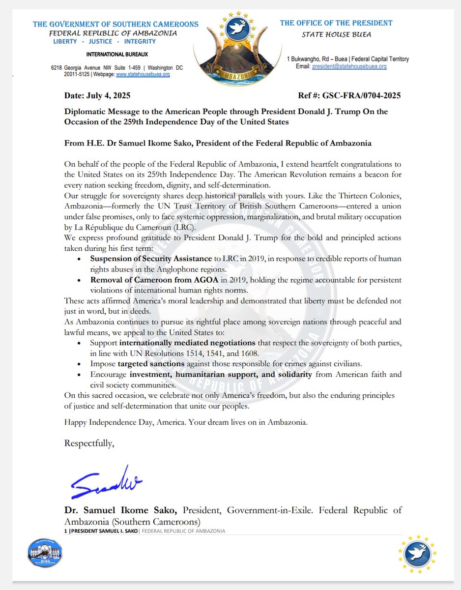 The people of Southern Cameroons/Ambazonia needs their freedom and United States  is one of the 64 countries that voted  for Southern Cameroons independence in UNR1608 <a href="/realDonaldTrump/">Donald J. Trump</a> <a href="/marcorubio/">Marco Rubio</a> <a href="/EricTrump/">Eric Trump</a> <a href="/SecBlinken/">Secretary Antony Blinken</a>