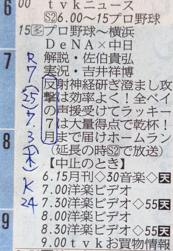 chabamomo2458's tweet image. 古いですが、2025年7月1日(火)～3日(木)の #カナシン テレビ欄縦読み。
｢連敗脱出だ｣
｢夏男は誰だ｣
｢反撃の7月｣

夏男は👽️!?😁
このとおりの展開であった浜スタ3連戦。
本当に🐲に強いですわね……
#神奈川新聞 #tvk_DB #baystars️