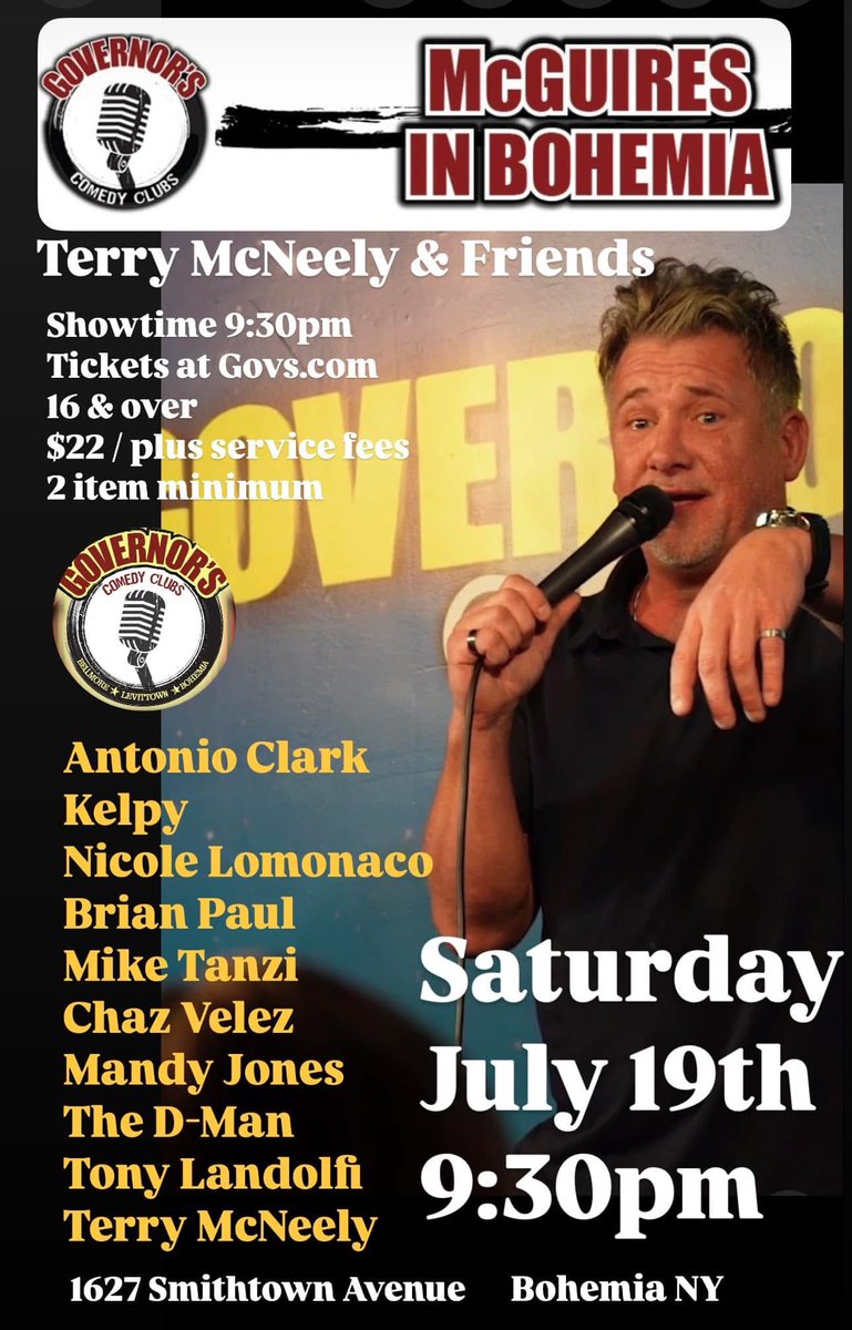 Saturday, July 19th Governor's Comedy Clubs at McGuires Comedy, Bohemia NY 🎙️🥃🍀 GET Tickets 🎟️ 👇🏼
bohemia.govs.com/shows/314816