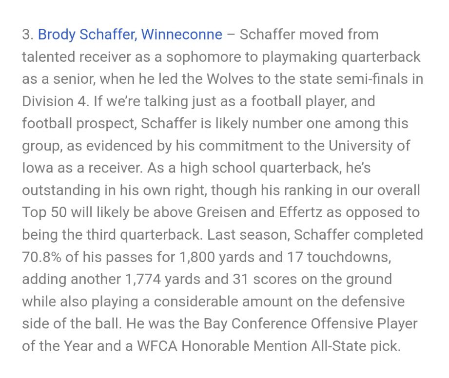 Brody Schaffer (@brodyschaffer3) on Twitter photo Blessed to be ranked as the #3 QB in Wisconsin 🙏🏼
<a href="/travisWSN/">Travis Wilson</a> <a href="/WinneconneFB/">Winneconne Football</a> <a href="/HawkeyeFootball/">Hawkeye Football</a> <a href="/CoachSchrenk/">James Schrenk</a> Blessed to be ranked as the #3 QB in Wisconsin 🙏🏼
<a href="/travisWSN/">Travis Wilson</a> <a href="/WinneconneFB/">Winneconne Football</a> <a href="/HawkeyeFootball/">Hawkeye Football</a> <a href="/CoachSchrenk/">James Schrenk</a>
