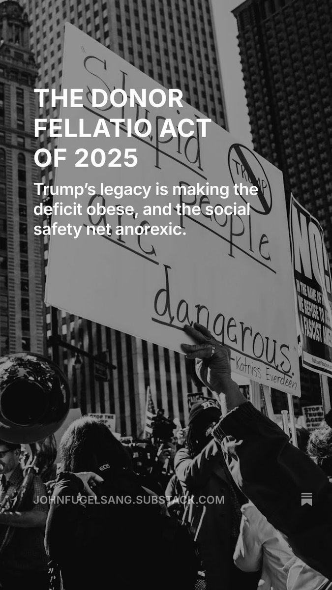 Largest legal wealth transfer in US history.
Largest debt ceiling increase in U.S. history
11.8 million will lose health insurance
It’s still adding $3.3 trillion to the debt.

"Big Beautiful Bill" = "The Donor Fellatio Act of 2025"
Happy 4th
johnfugelsang.substack.com/p/the-donor-fe…