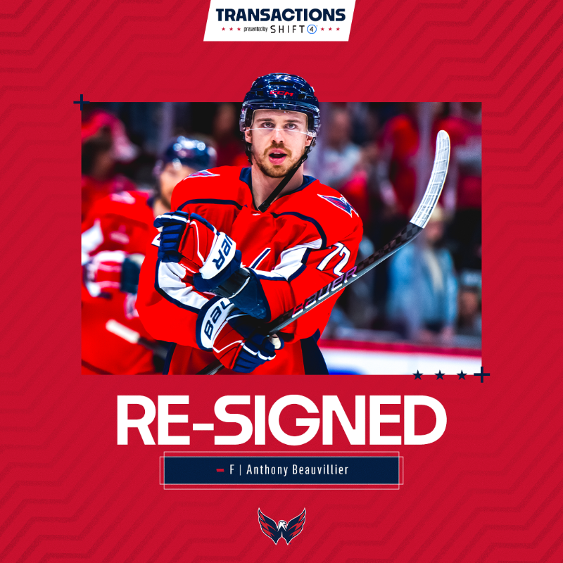 Capitals's tweet photo. BEAUVI’S BACK‼️

The Washington Capitals have re-signed forward Anthony Beauvillier to a two-year, $5.5 million contract extension. Beauvillier's contract will carry an average annual value of $2.75 million.

#ALLCAPS | @Shift4