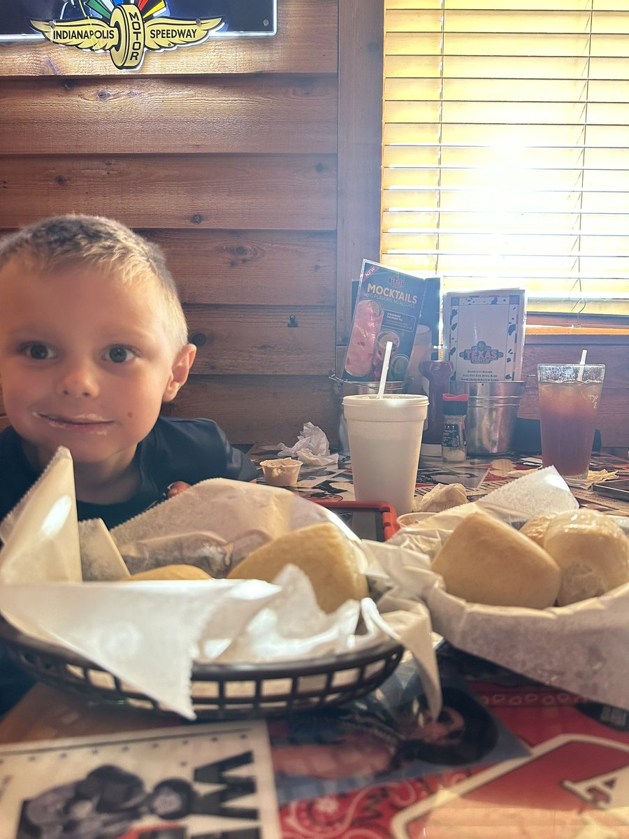 My kid looks like he is over here challenging <a href="/joeyjaws/">Joey Chestnut</a> for a title <a href="/texasroadhouse/">Texas Roadhouse</a> with all the roles he is putting down .
He has made it to #5 working on #6