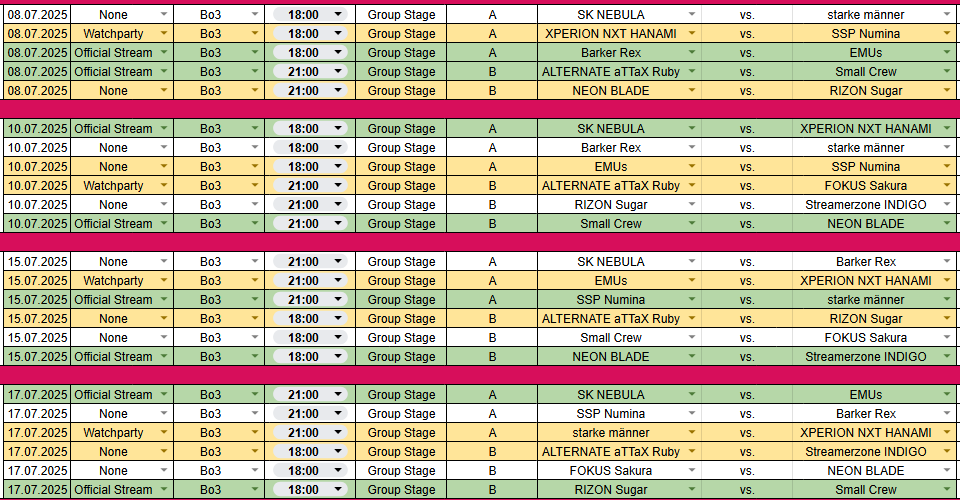 Updated EEQ PRO SERIES split to two casted matches as well as two provided watch parties for content creators to use.

Casted as well as streamed matches will be on accelerated schedule meaning the 2nd match will start after first one concludes.

*Last matchday TBD (not shown)