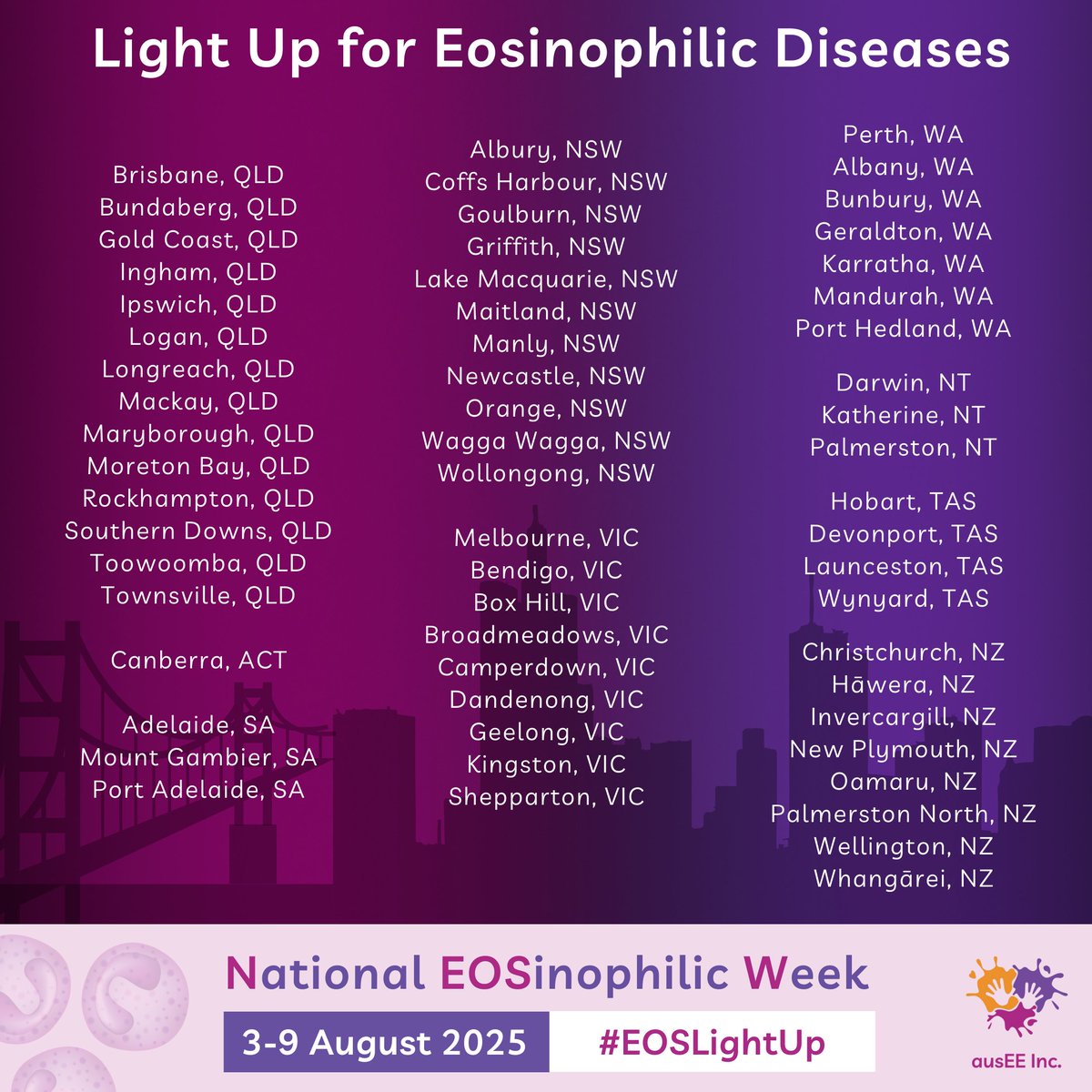 National Eosinophilic Week (#NEOSW2025) is only 1 month away, 3-9 Aug!
To raise awareness, landmarks, buildings, and bridges across Australia and New Zealand will light up in pink and purple—the colours representing eosinophils—in our #EOSLightUp campaign: eosaware.com/LightUpLandmar…