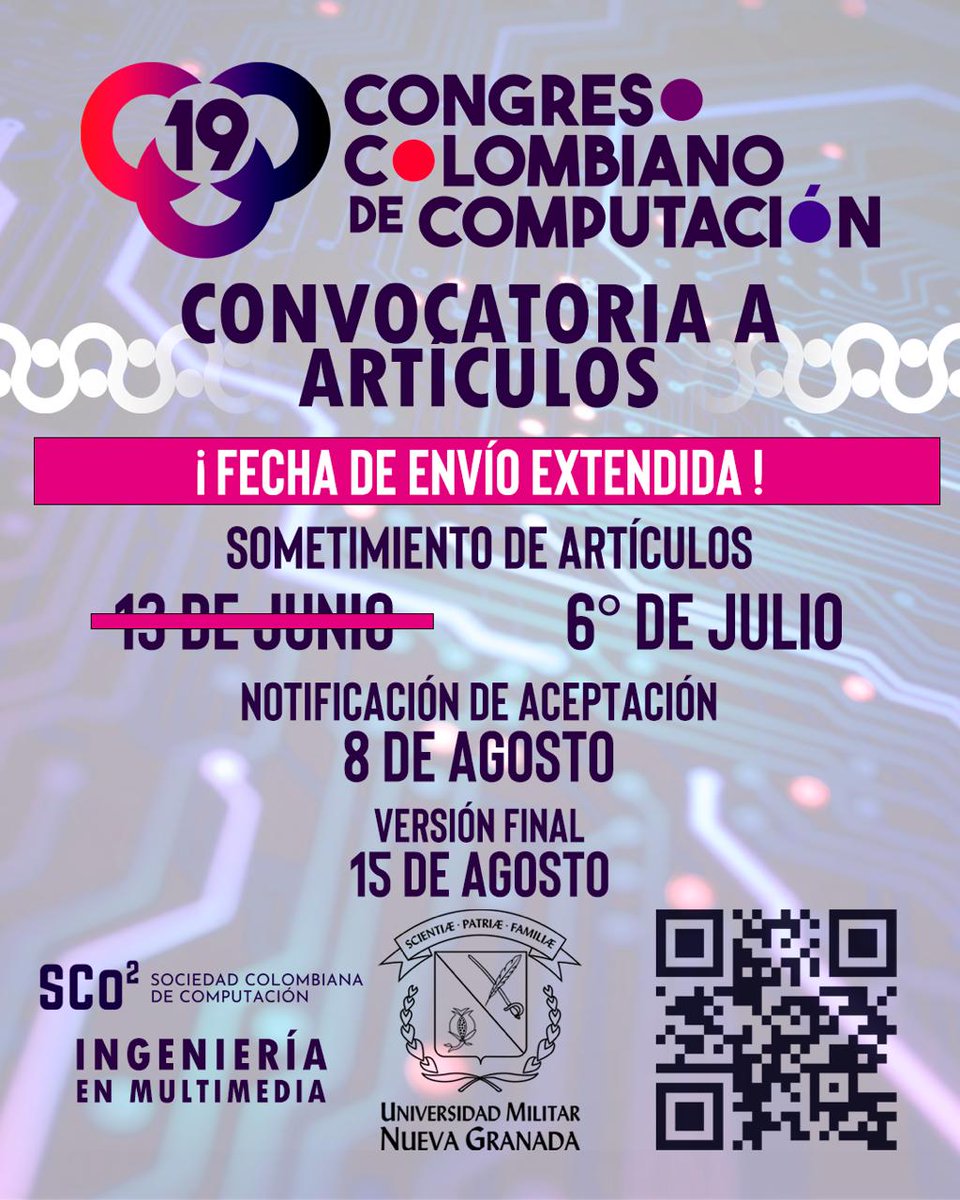 "¡Atención investigadores! El 19 CCC promete ser memorable y queremos que tú seas parte de este encuentro, por eso hemos extendido el plazo para enviar artículos hasta el 6 de julio. 

👉Conoce todos los detalles en sco2.org/19cccesp/