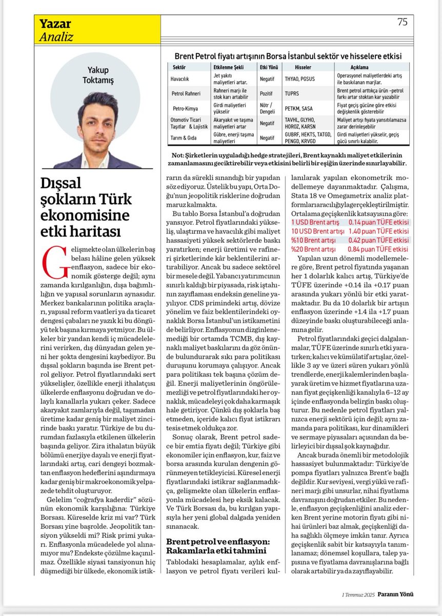 Paranın Yönü Dergisi Temmuz sayısı yazı başlığım:
Dışsal Şokların Türk Ekonomisine Etki Haritası
(<a href="/nbe_paraninyonu/">Paranın Yönü</a>)

İçinde bulunduğumuz süreçte konjonktür o kadar hızlı değişiyor ki, sadece Haziran ayında İsrail–İran savaşı ve ardından gelen ateşkes süreci, Brent petrolde 100$