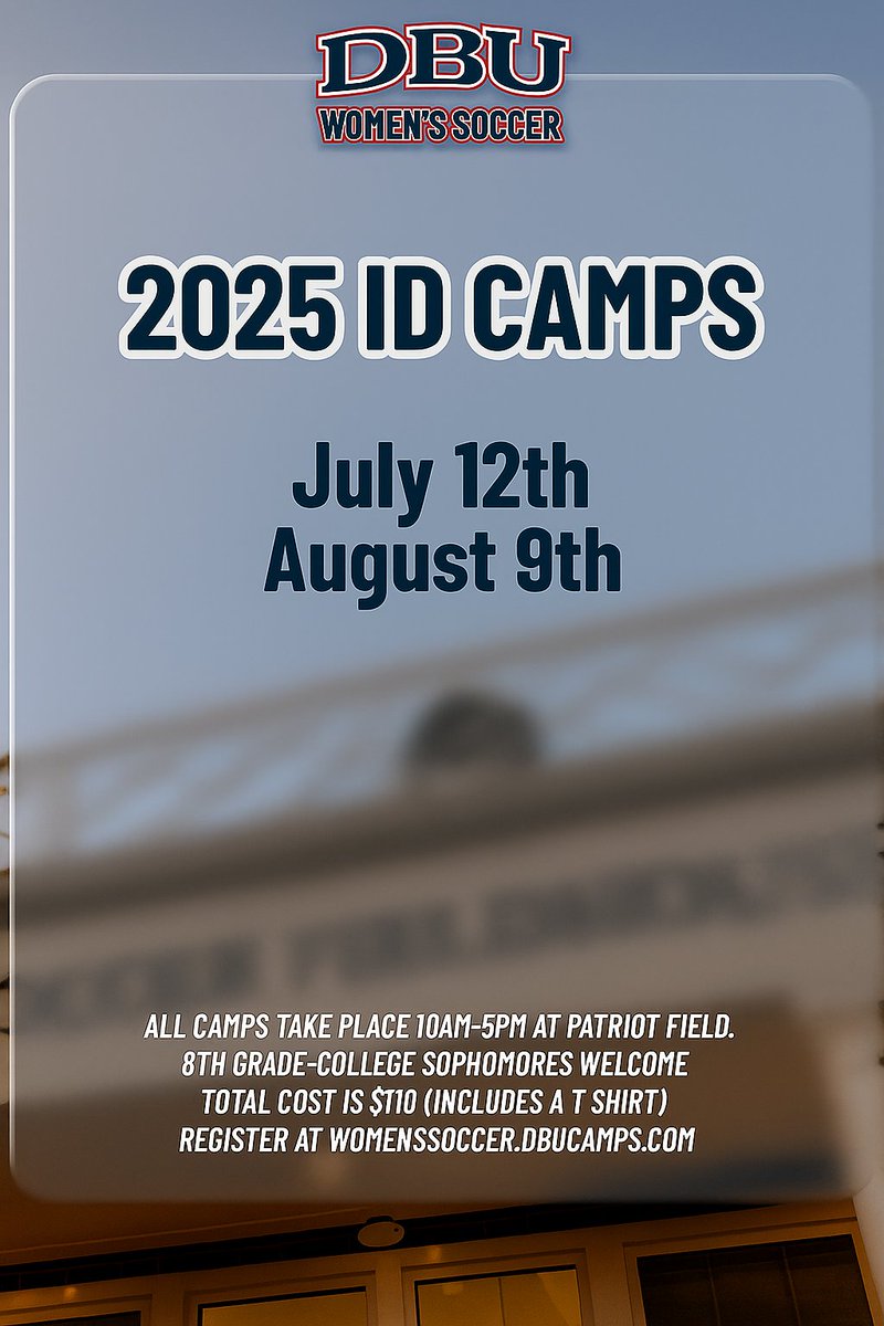 Don't miss out on a chance at one of these two dates to come on campus and play at DBU!! 

Sign up here: womenssoccer.dbucamps.com/summer-id-camp…