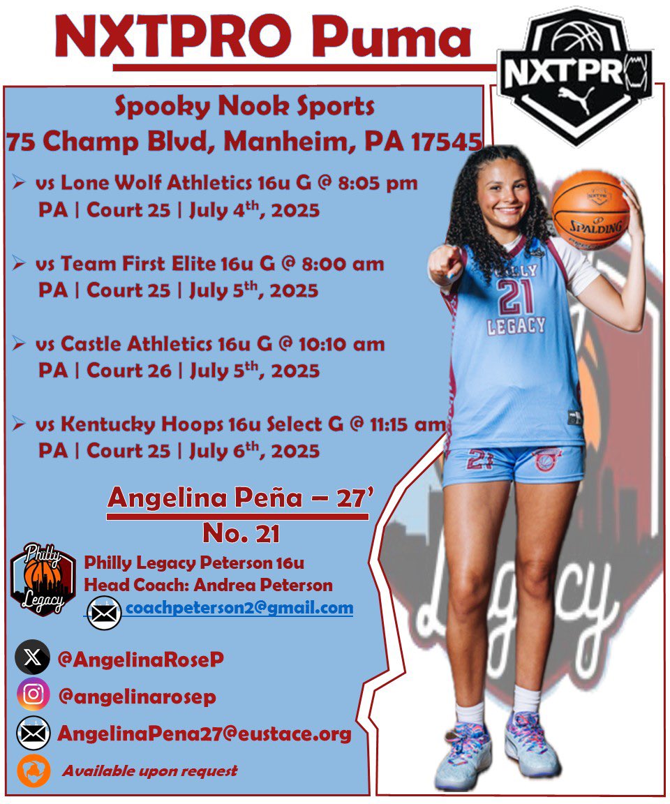 Angelina Rose Pena (@angelinarosep) on Twitter photo Here is my schedule for this weekends NXTPRO Puma Session 10 at Spooky Nook at Manhiem, PA <a href="/PRO16G/">NXTPRO Girls League</a> <a href="/eustacegbball/">Bishop Eustace Girls Basketball</a> <a href="/LehighWBB/">Lehigh Women's Basketball</a> <a href="/CoachAngSzumilo/">Coach Ang Szumilo</a> <a href="/Coach_AChernow/">Allison Chernow</a> <a href="/CULionsWBB/">Columbia Women's Basketball</a> <a href="/CoachMitchell04/">Sara Mitchell</a> <a href="/Coachgaitley/">Coach Gaitley</a> <a href="/FDUKnightsWBB/">FDU Women's Basketball</a> <a href="/CoachRaleyRoss/">Coach Ashley</a> <a href="/Coach1Nia/">Kenia Cole</a> <a href="/CoachG_PENN/">Andre Gibbs</a> <a href="/IonaWBB/">Iona Women's Hoops</a> #classof2027 Here is my schedule for this weekends NXTPRO Puma Session 10 at Spooky Nook at Manhiem, PA <a href="/PRO16G/">NXTPRO Girls League</a> <a href="/eustacegbball/">Bishop Eustace Girls Basketball</a> <a href="/LehighWBB/">Lehigh Women's Basketball</a> <a href="/CoachAngSzumilo/">Coach Ang Szumilo</a> <a href="/Coach_AChernow/">Allison Chernow</a> <a href="/CULionsWBB/">Columbia Women's Basketball</a> <a href="/CoachMitchell04/">Sara Mitchell</a> <a href="/Coachgaitley/">Coach Gaitley</a> <a href="/FDUKnightsWBB/">FDU Women's Basketball</a> <a href="/CoachRaleyRoss/">Coach Ashley</a> <a href="/Coach1Nia/">Kenia Cole</a> <a href="/CoachG_PENN/">Andre Gibbs</a> <a href="/IonaWBB/">Iona Women's Hoops</a> #classof2027