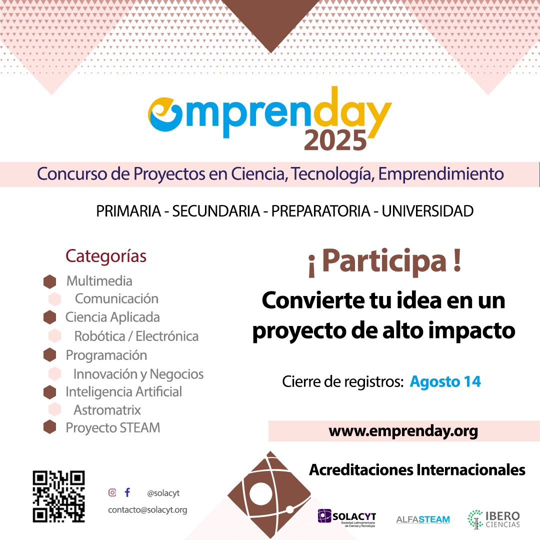 Participa en el Reto Emprenday Temporada 7, categorías de Multimedia, Comunicación, Ciencia Aplicada, Robótica, Electrónica, Programación, Innovación y Negocios, Inteligencia Artificial, Astromatrix y ProyectoSTEAM , convocatoria drive.google.com/file/d/1E7lBzb…